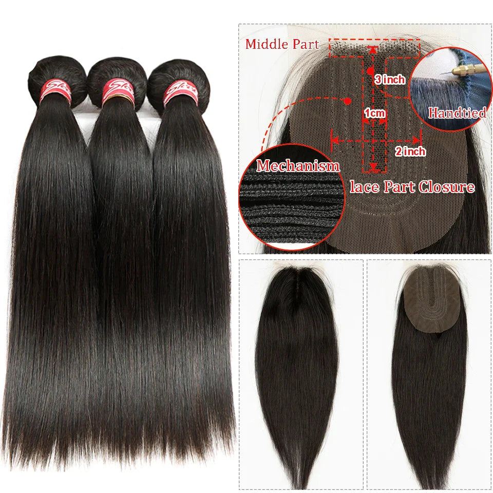 Brazilian Straight Human Hair Bundles with 2x4 Lace Closure | 3 Bundles & Closure Set