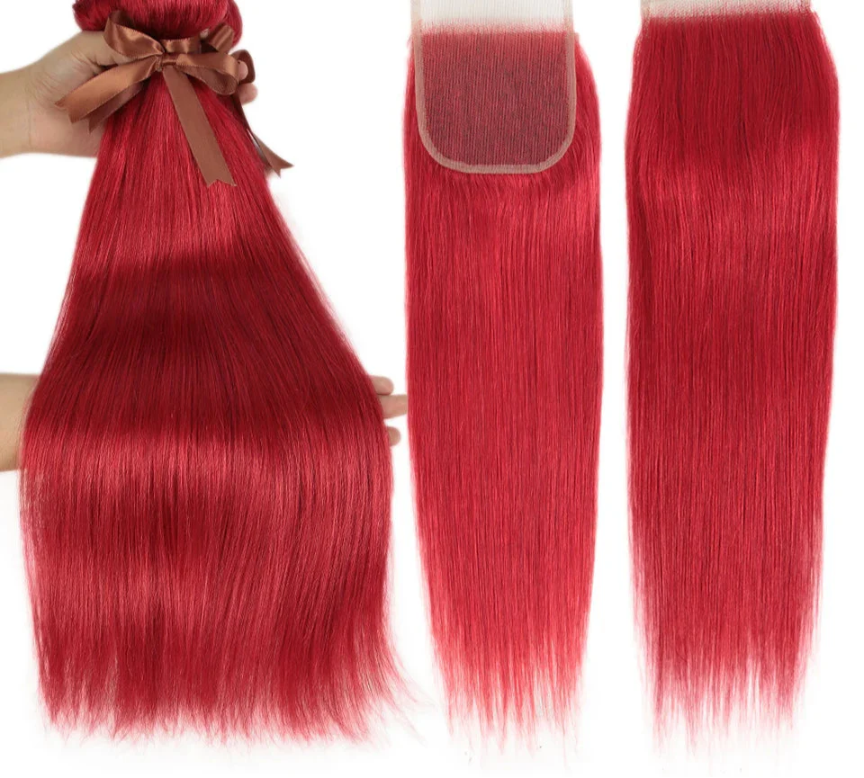Red & Blonde Highlight Straight Bundles with Closure | 3 Pcs Brazilian Remy Human Hair Weave Extensions