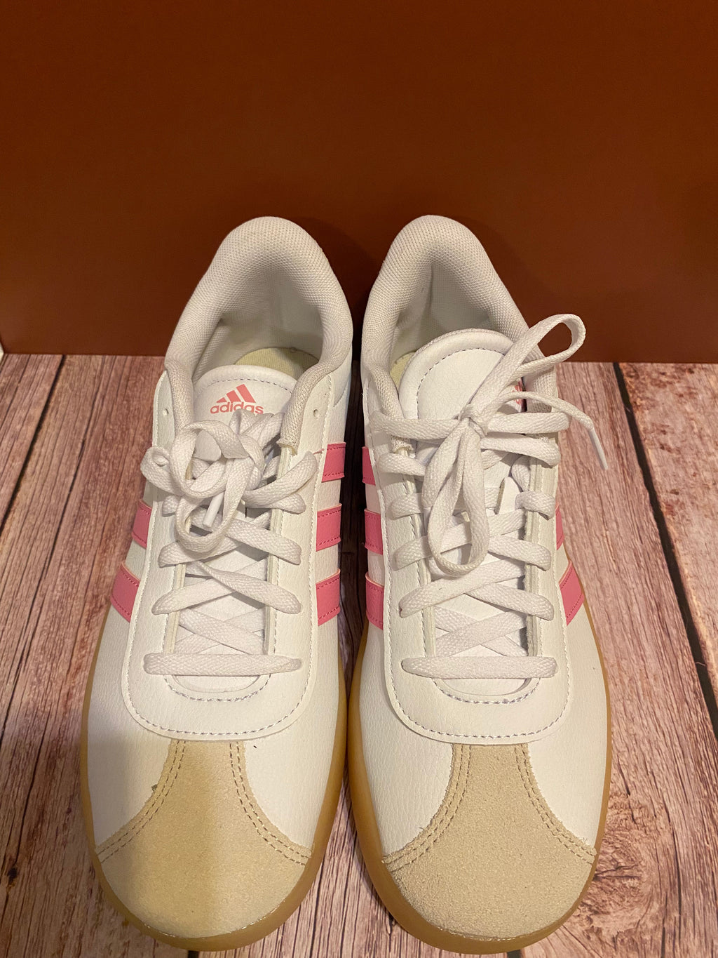 Adidas Women's Sneakers – White with Pink Stripes & Gum Sole