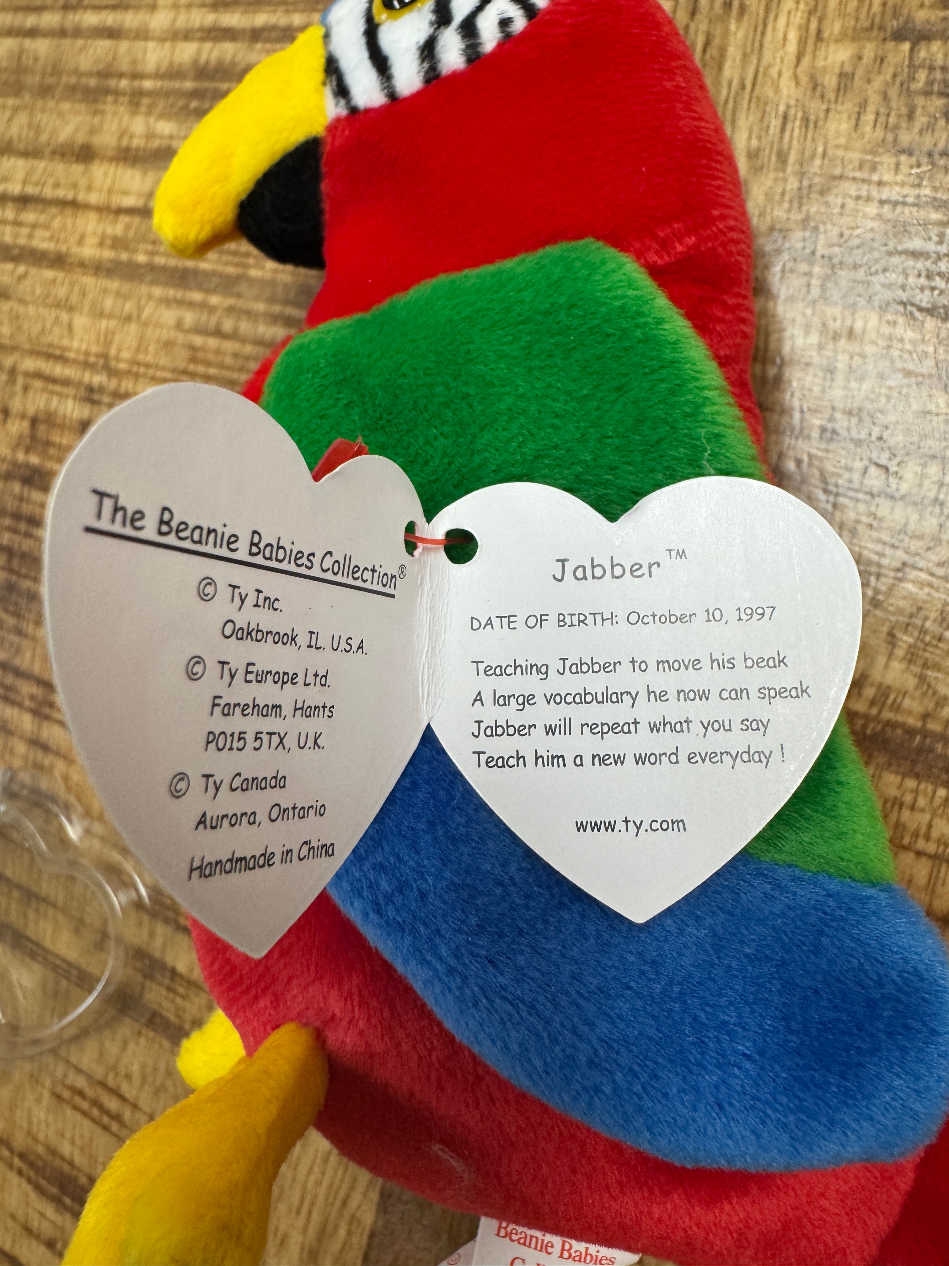 TY Beanie Baby Jabber the Parrot Bird Retired Rare Date Errors Mint 1997 w/Case
