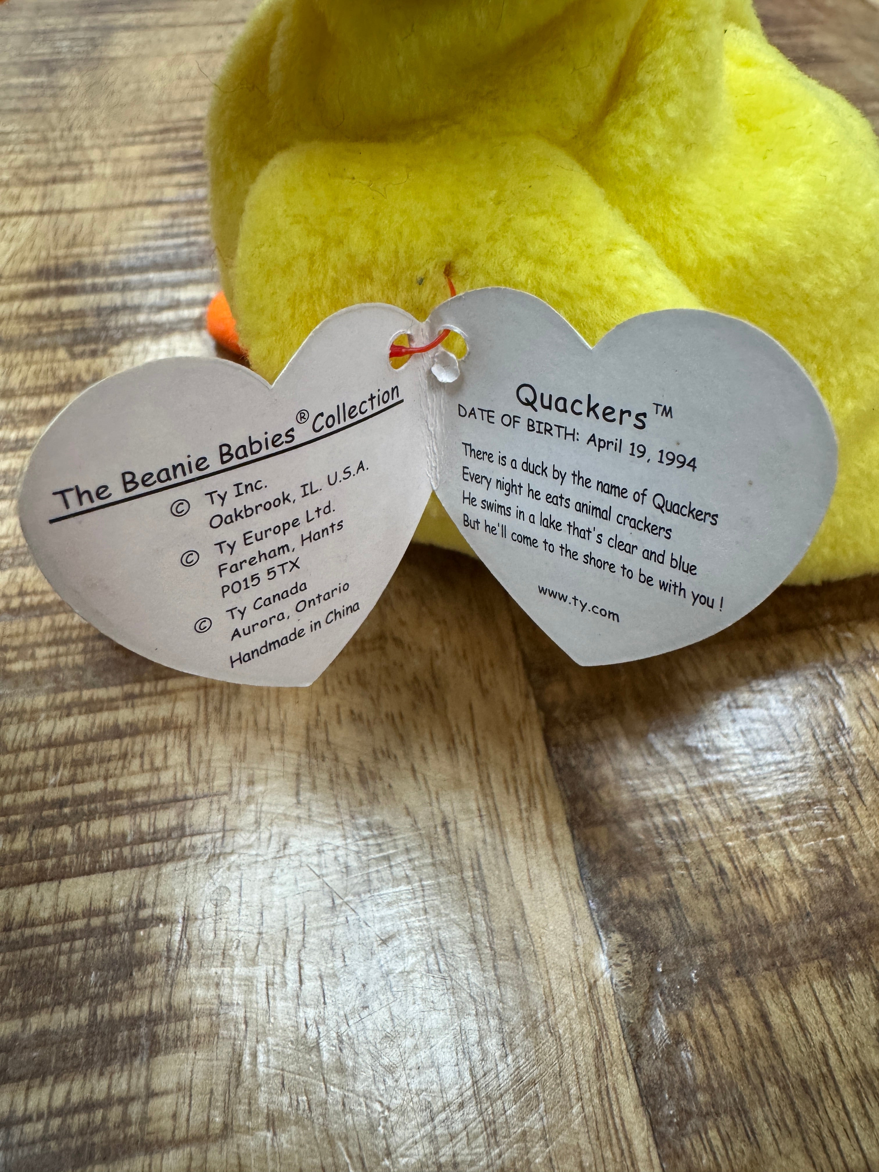 Original Collector PVC 1994 Hang / 1993 Tush Ty Beanie Baby Quackers The Duck