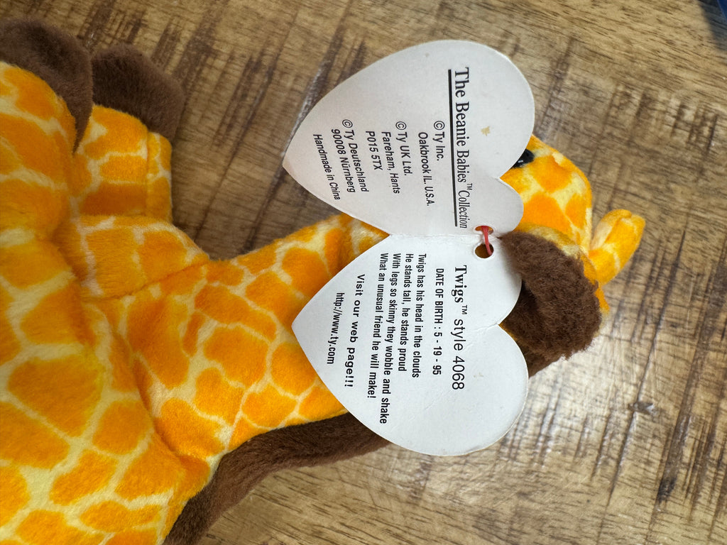 Ty Beanie Babies Twigs the Giraffe Plush 1995 P.V.C. Pellets With Tag 14 Errors
