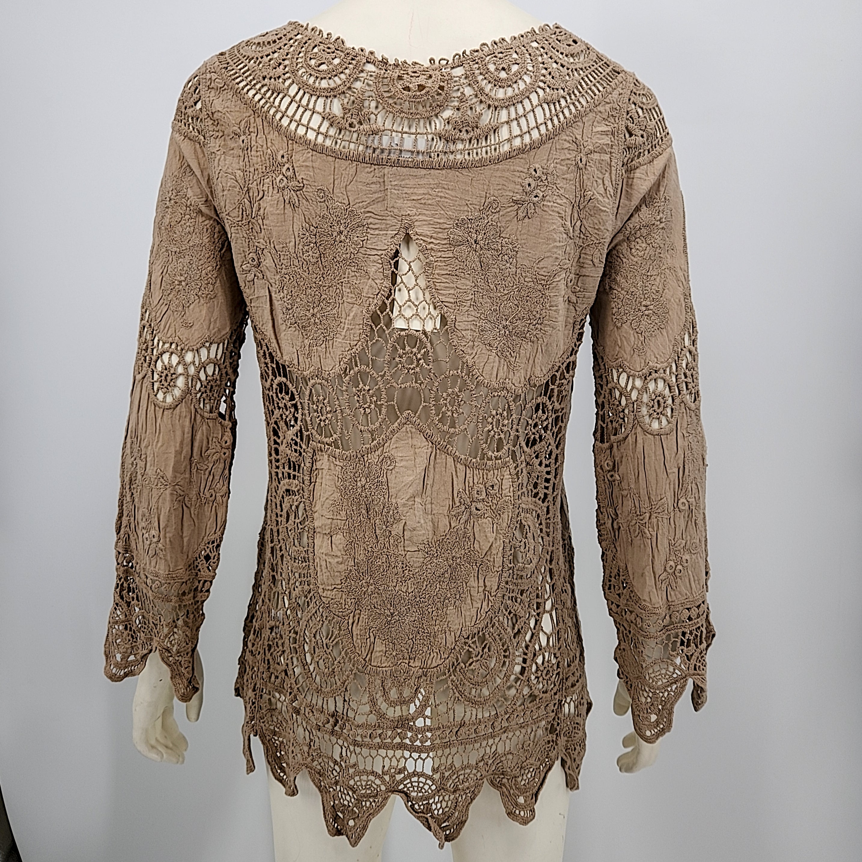 Oddy Boutique Taupe Crochet Long Sleeve Top, Size S/M