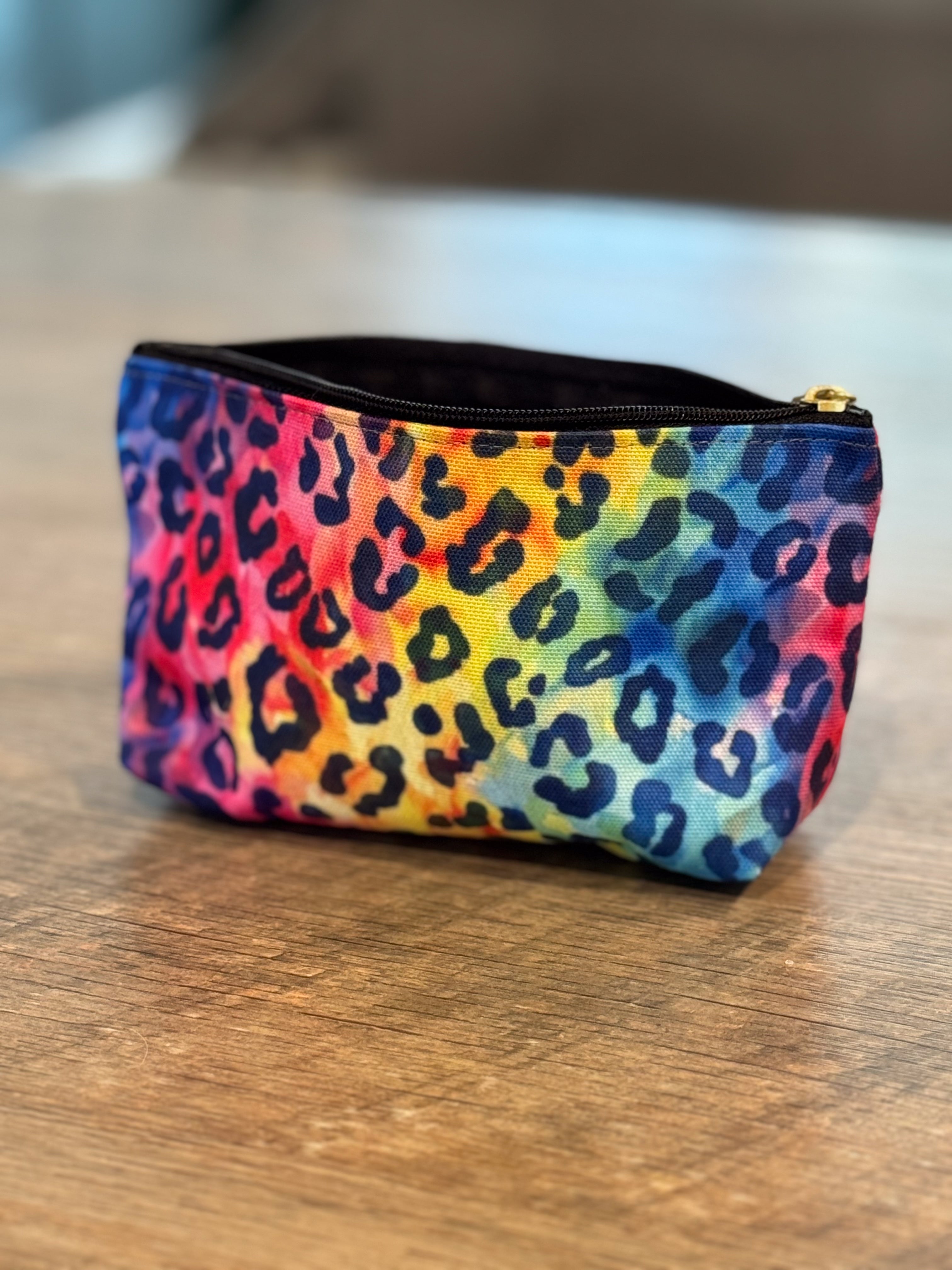 Bespattered Facade Rainbow Watercolor Leopard Accessory Pouch With T-Bottom | 2 Sizes
