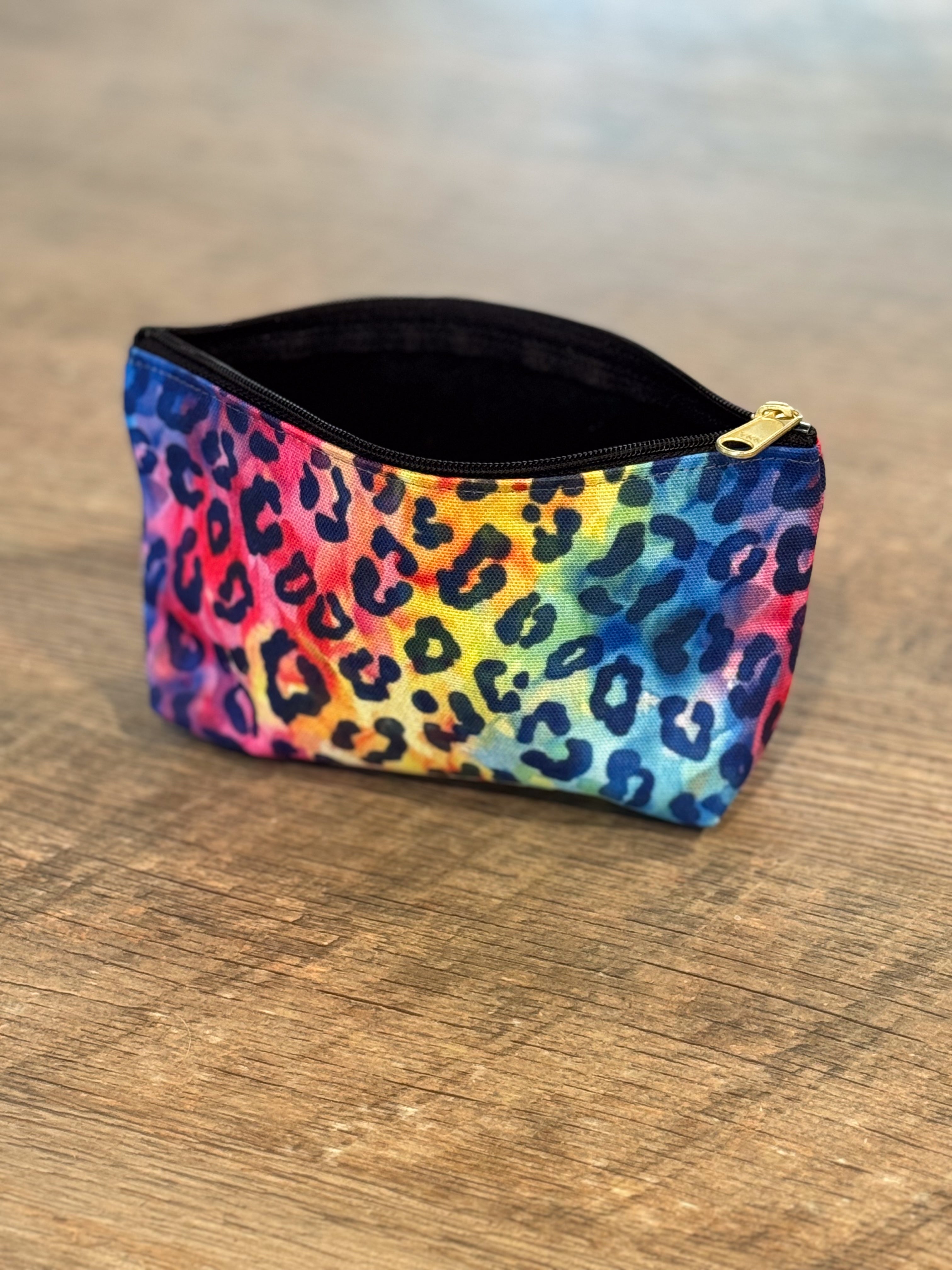 Bespattered Facade Rainbow Watercolor Leopard Accessory Pouch With T-Bottom | 2 Sizes