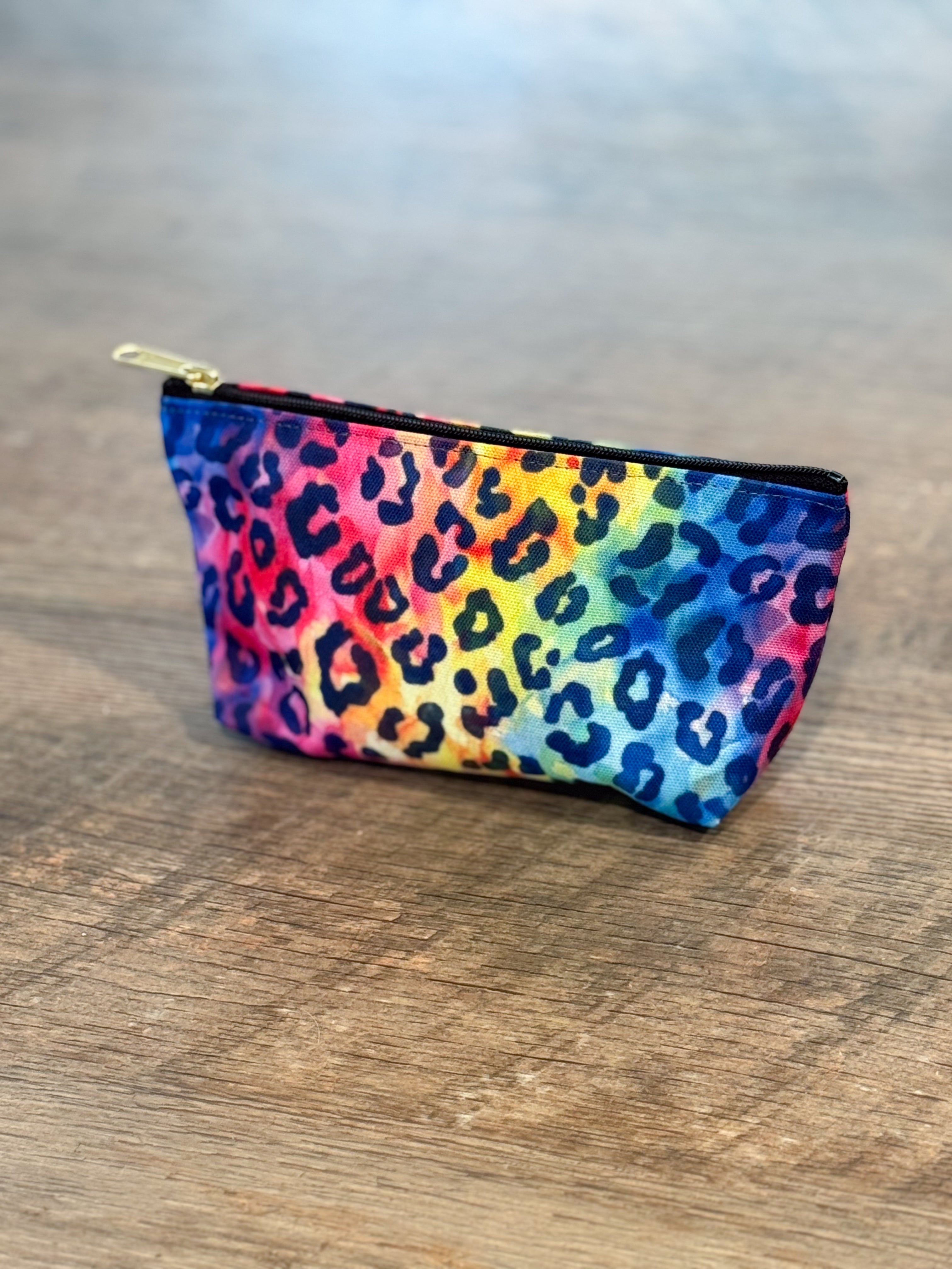 Bespattered Facade Rainbow Watercolor Leopard Accessory Pouch With T-Bottom | 2 Sizes