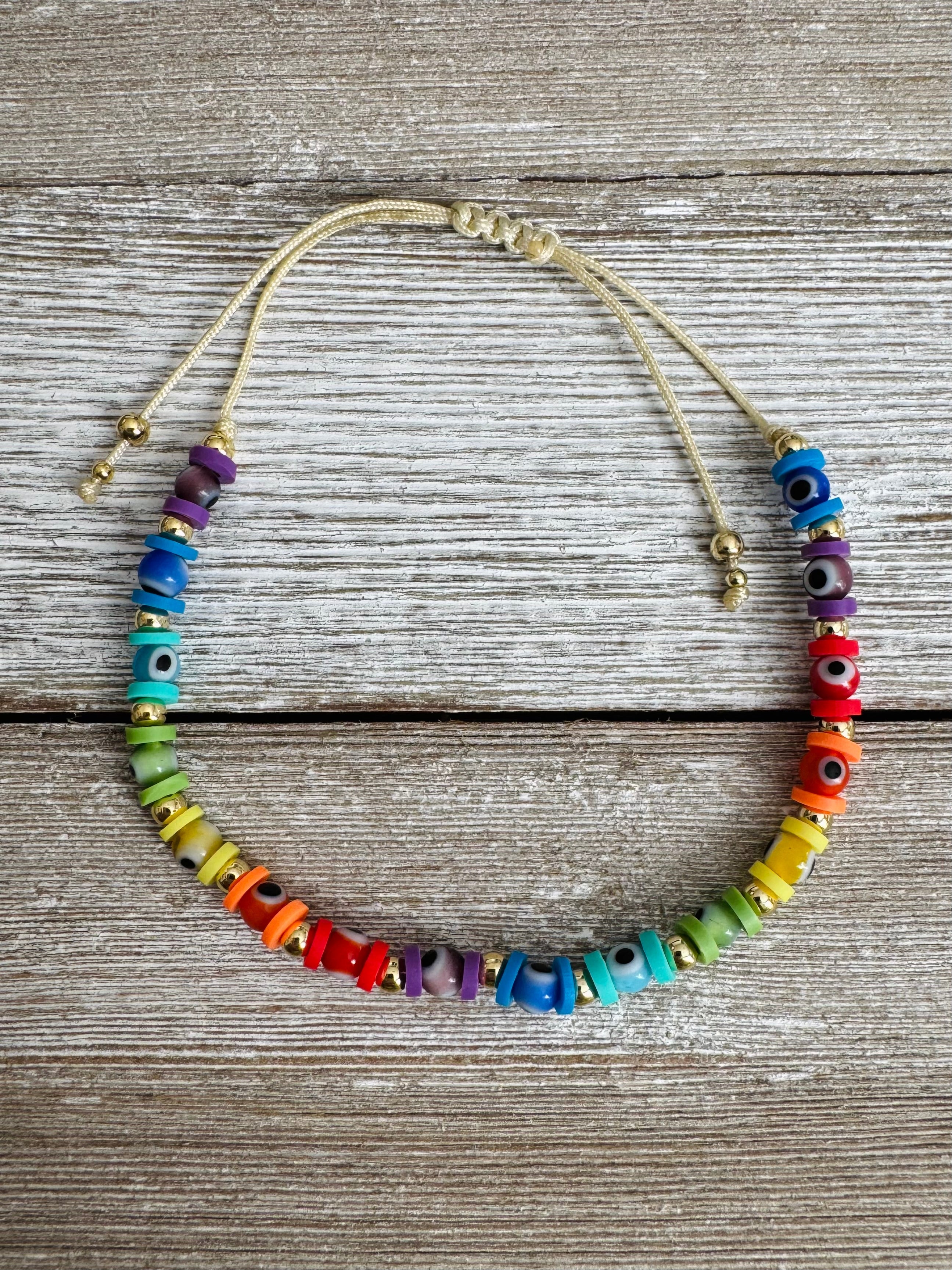 Rainbow Beaded Evil Eye Beads Adjustable String Bracelet