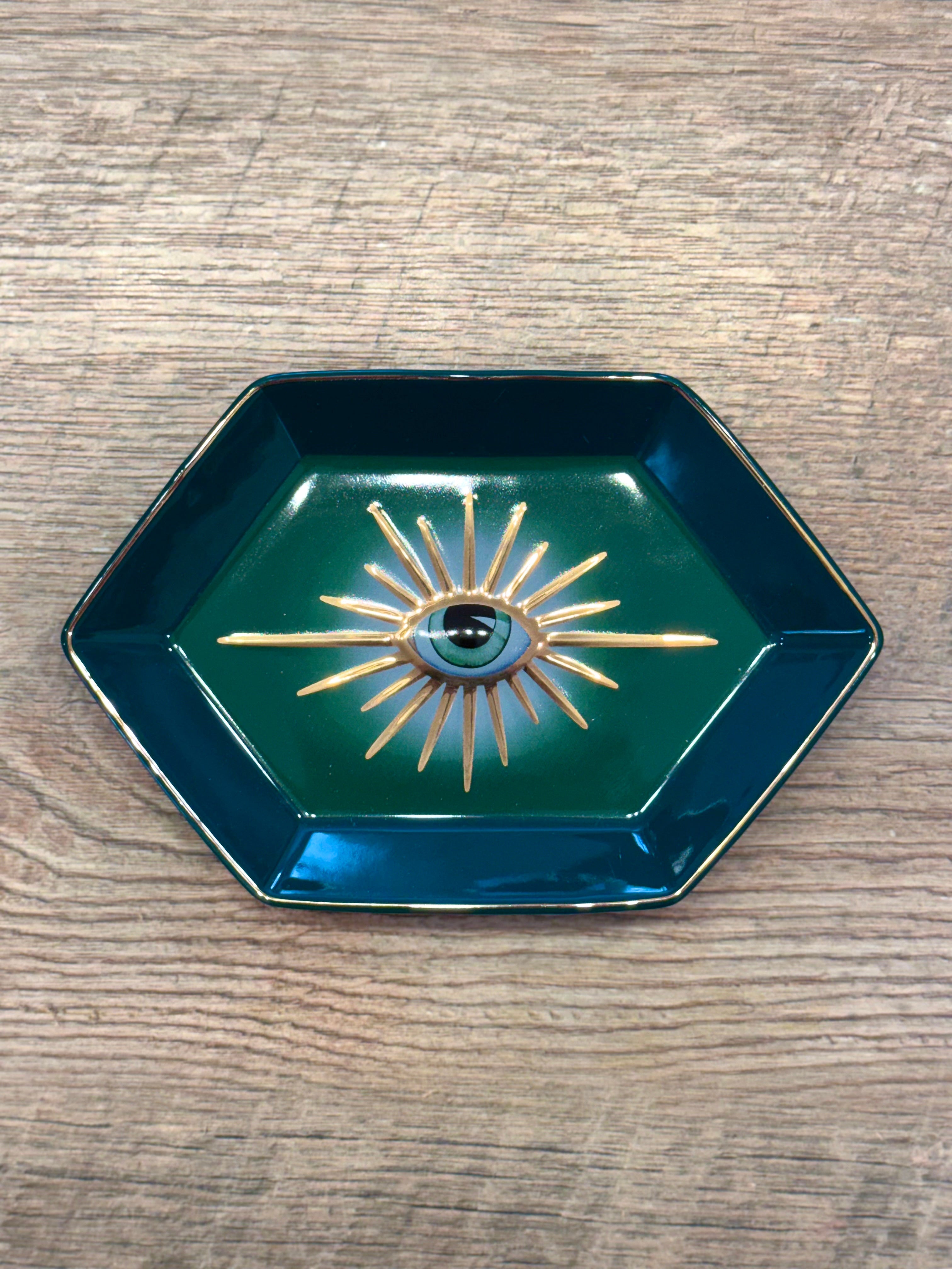 Green and Rose Gold Hexagon Evil Eye Jewelry/Trinket/Ring Dish