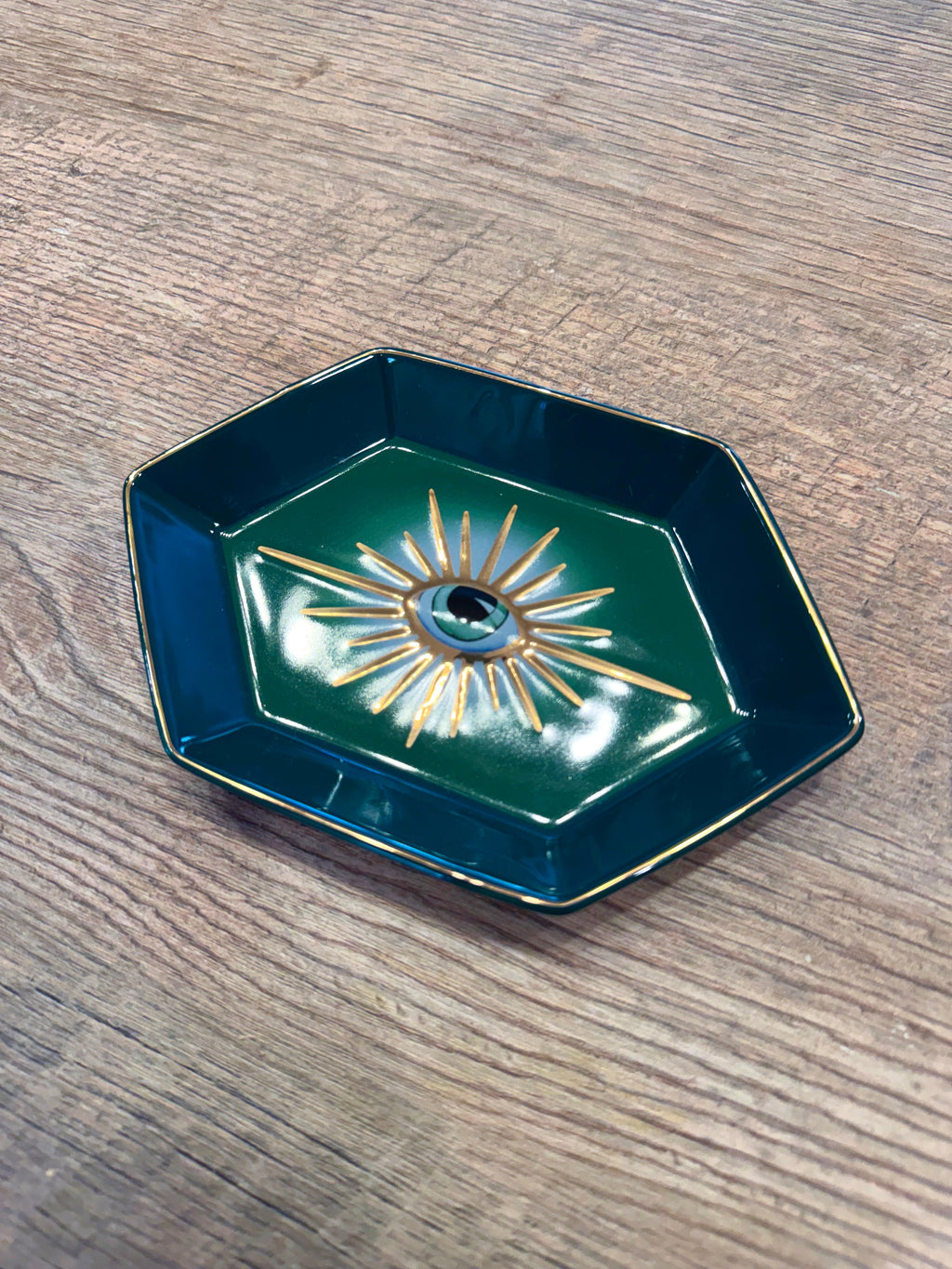 Green and Rose Gold Hexagon Evil Eye Jewelry/Trinket/Ring Dish