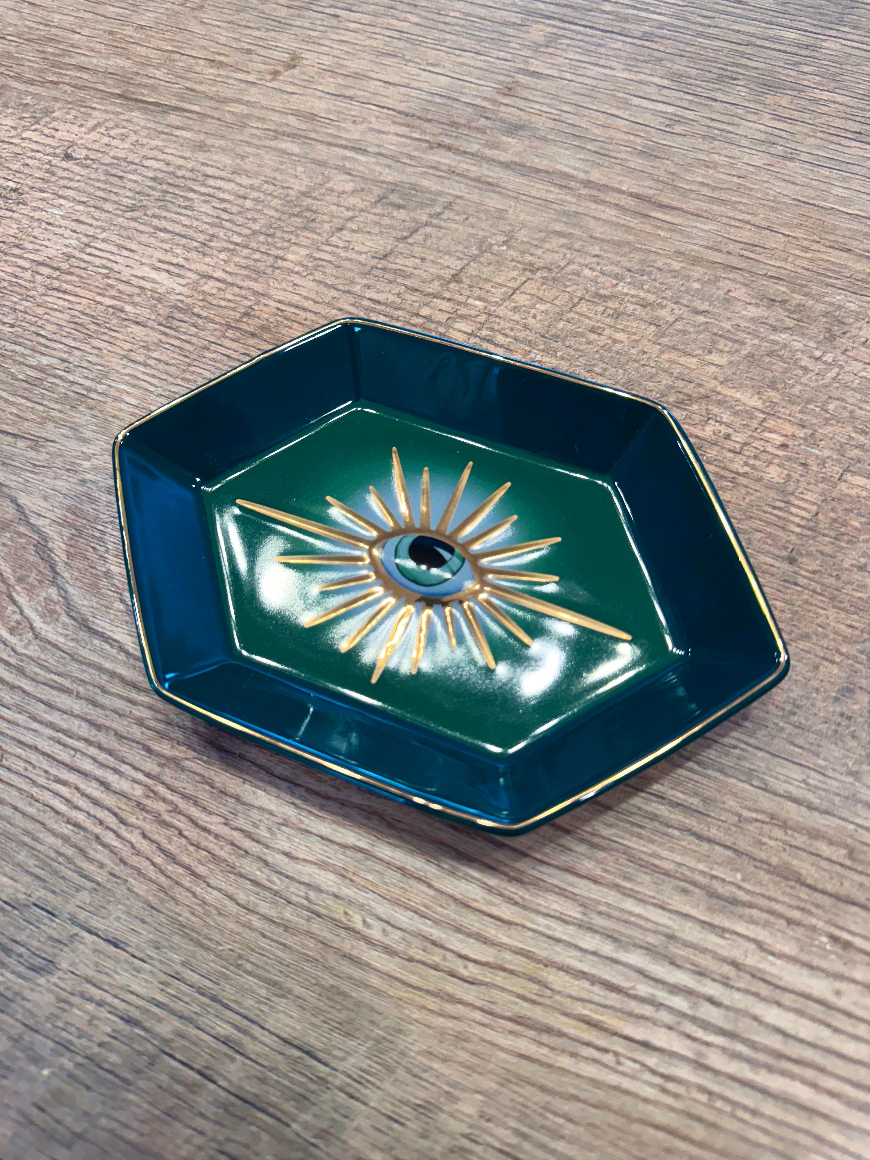 Green and Rose Gold Hexagon Evil Eye Jewelry/Trinket/Ring Dish