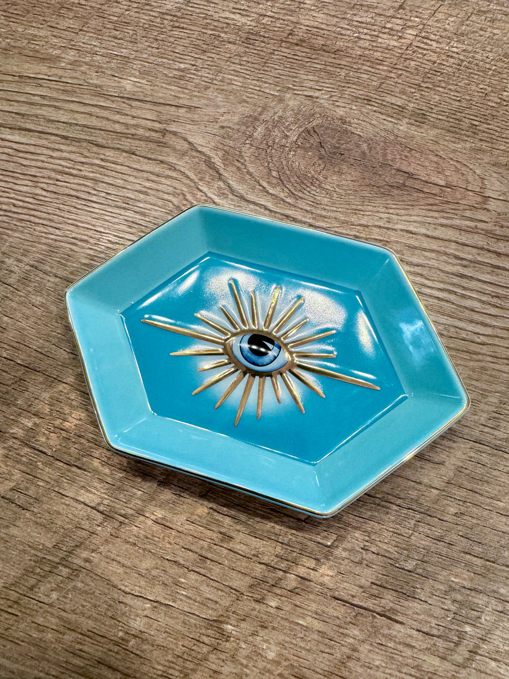 Blue and Rose Gold Hexagon Evil Eye Jewelry/Trinket/Ring Dish