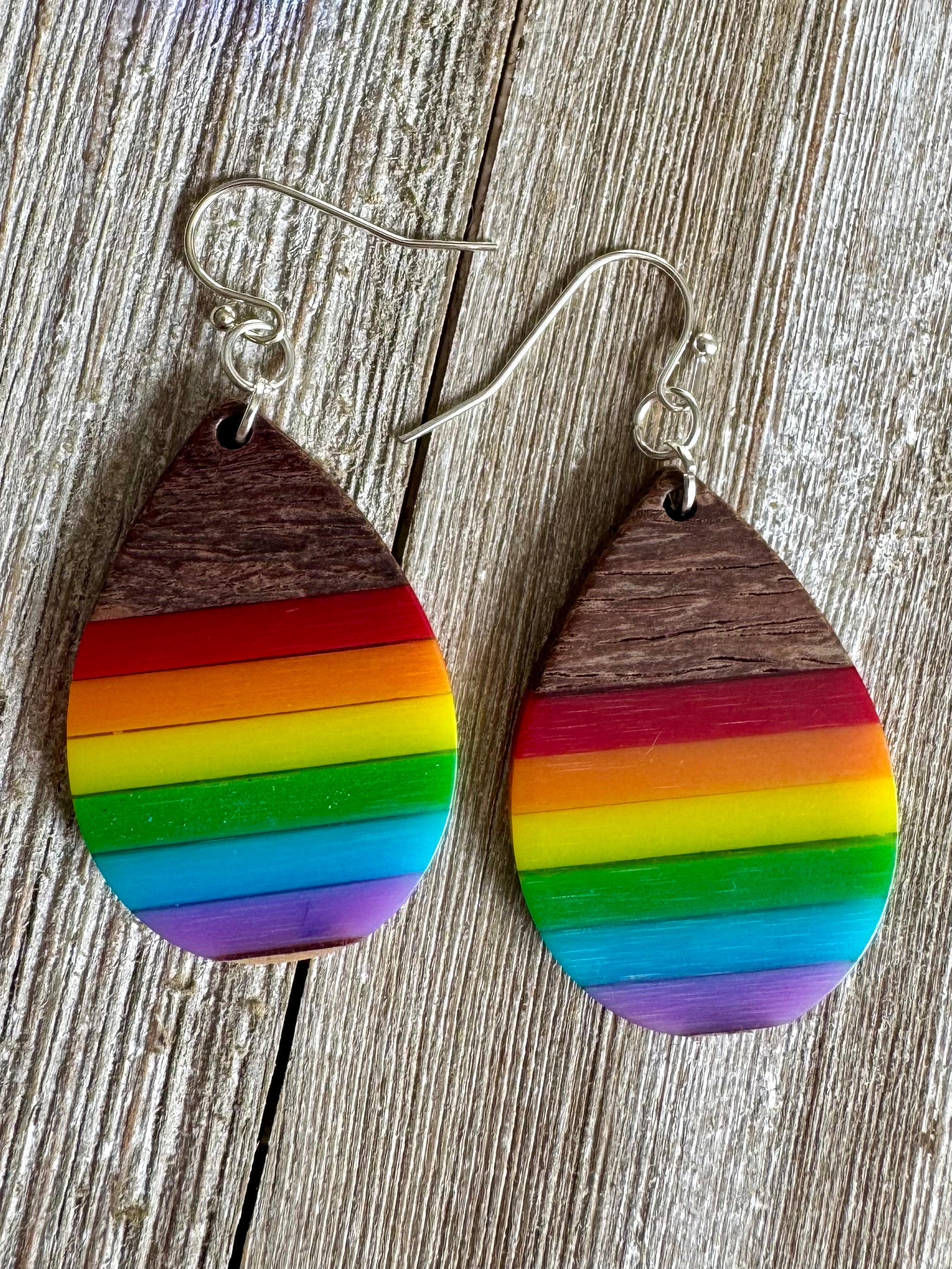 Bespattered Facade Rainbow Stripes Wood and Resin Dangly Earrings