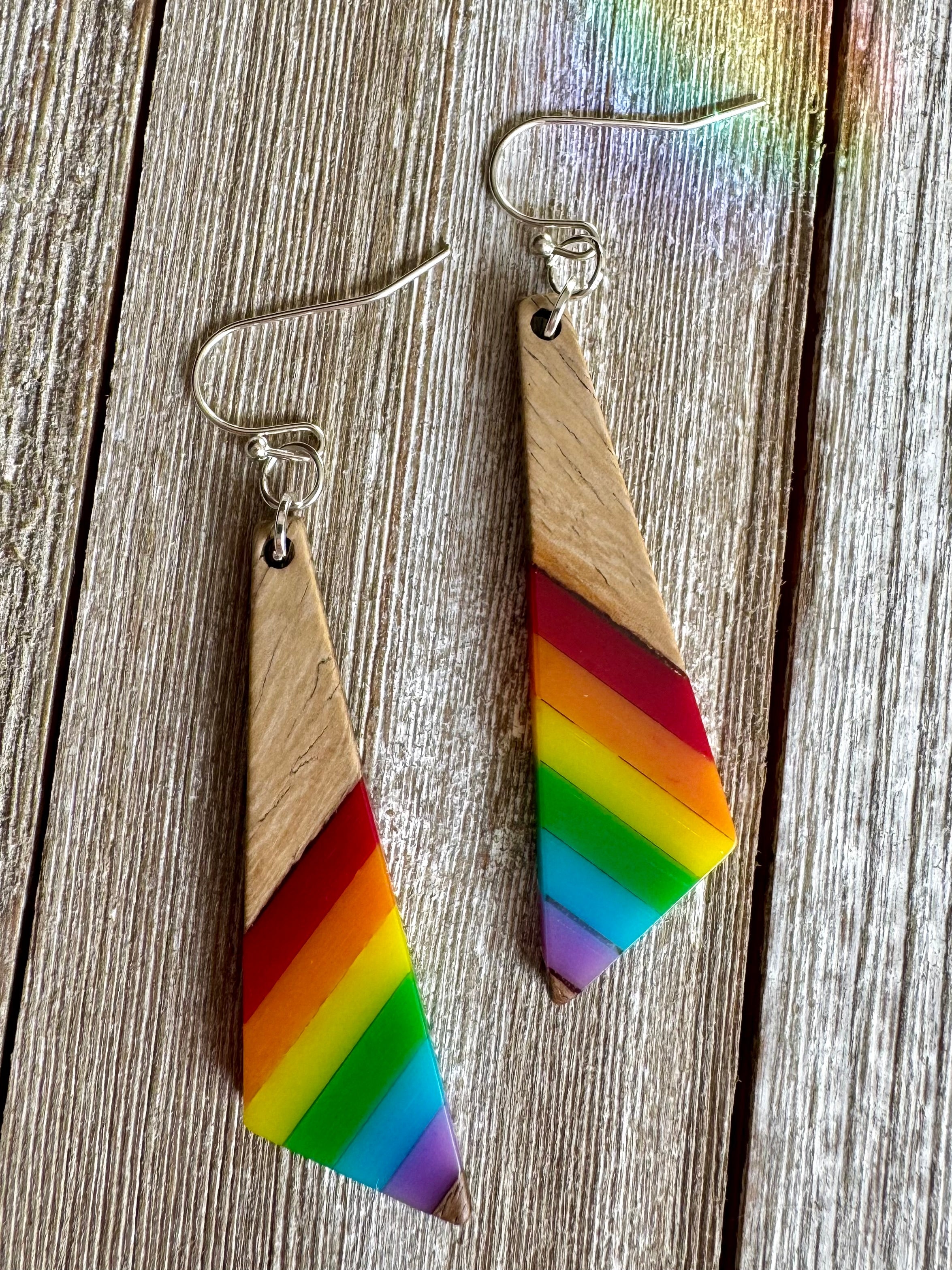 Bespattered Facade Rainbow Stripes Wood and Resin Dangly Earrings