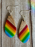 Bespattered Facade Rainbow Stripes Wood and Resin Dangly Earrings