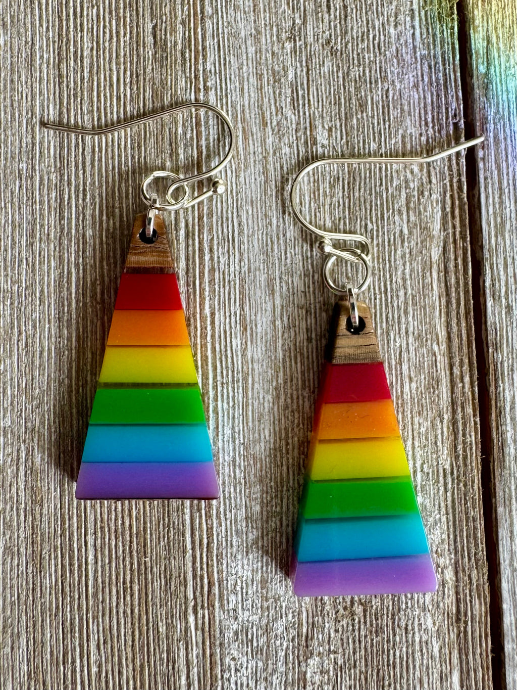 Bespattered Facade Rainbow Stripes Wood and Resin Dangly Earrings