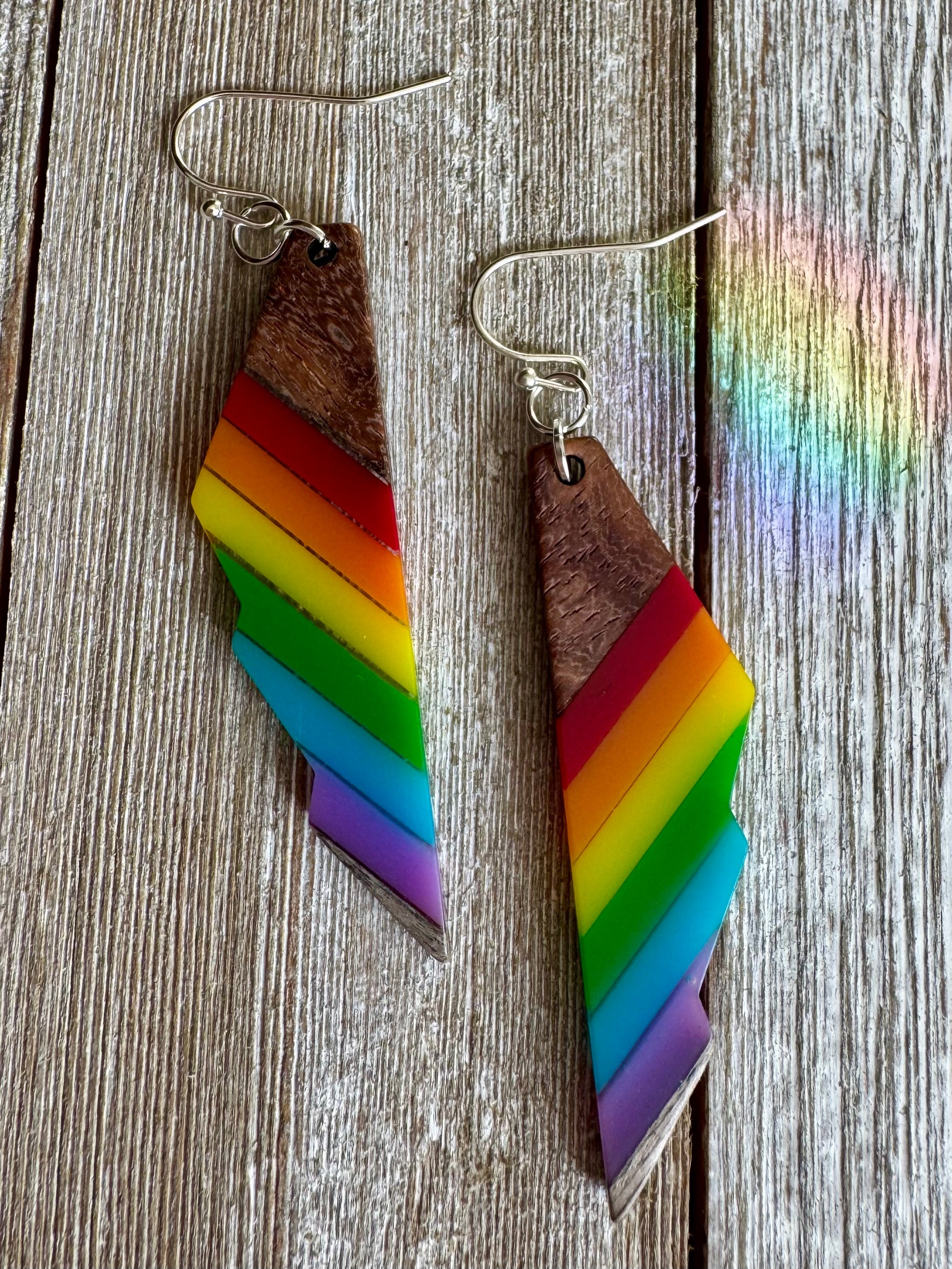Bespattered Facade Rainbow Stripes Wood and Resin Dangly Earrings