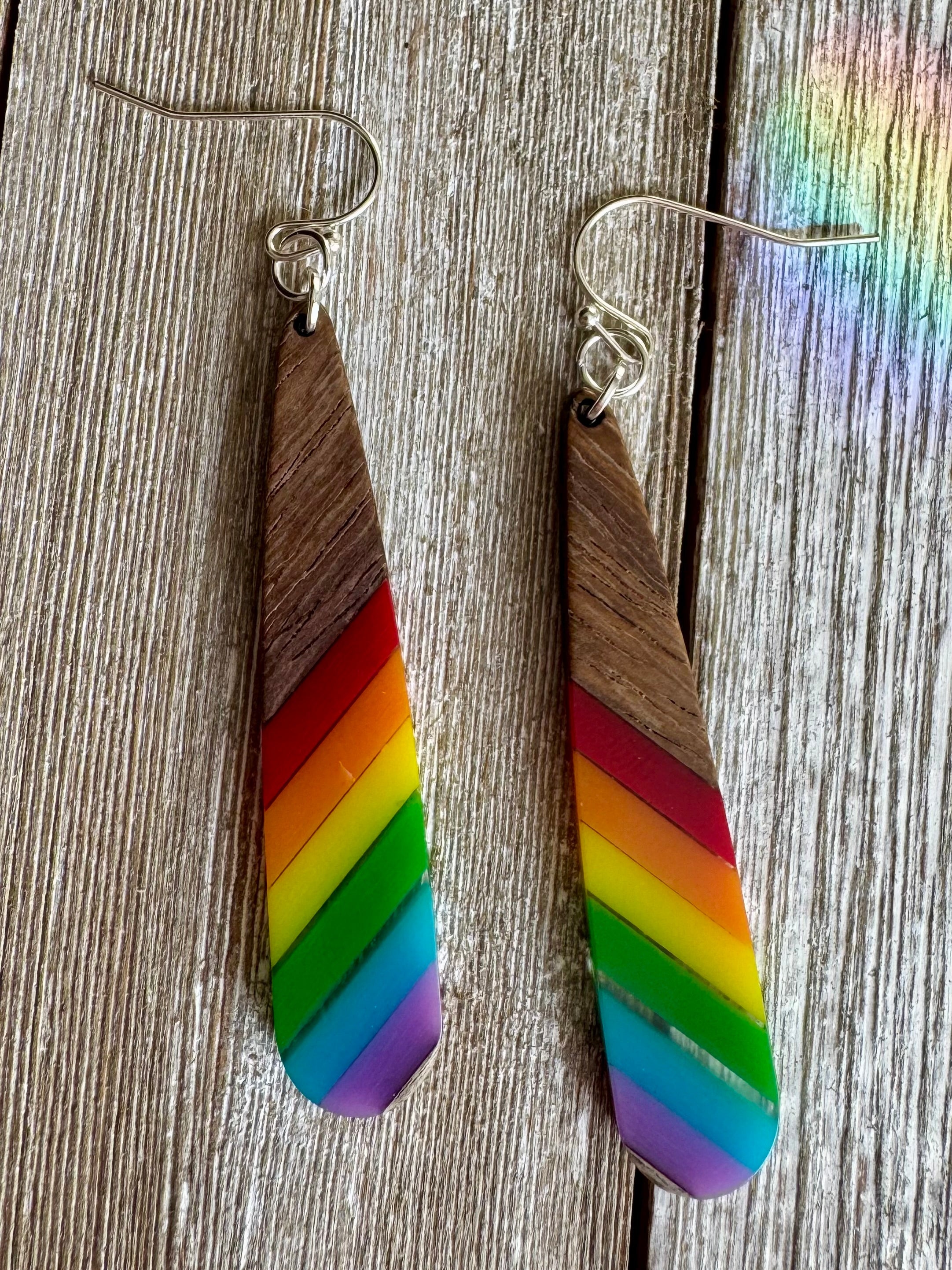 Bespattered Facade Rainbow Stripes Wood and Resin Dangly Earrings