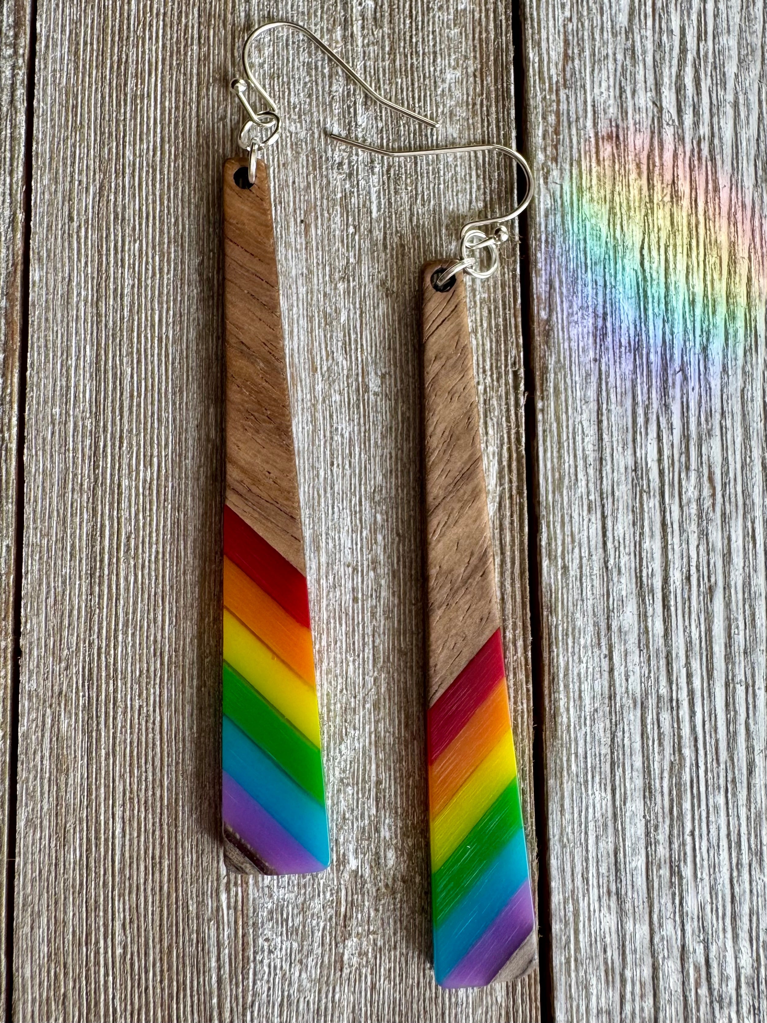 Bespattered Facade Rainbow Stripes Wood and Resin Dangly Earrings