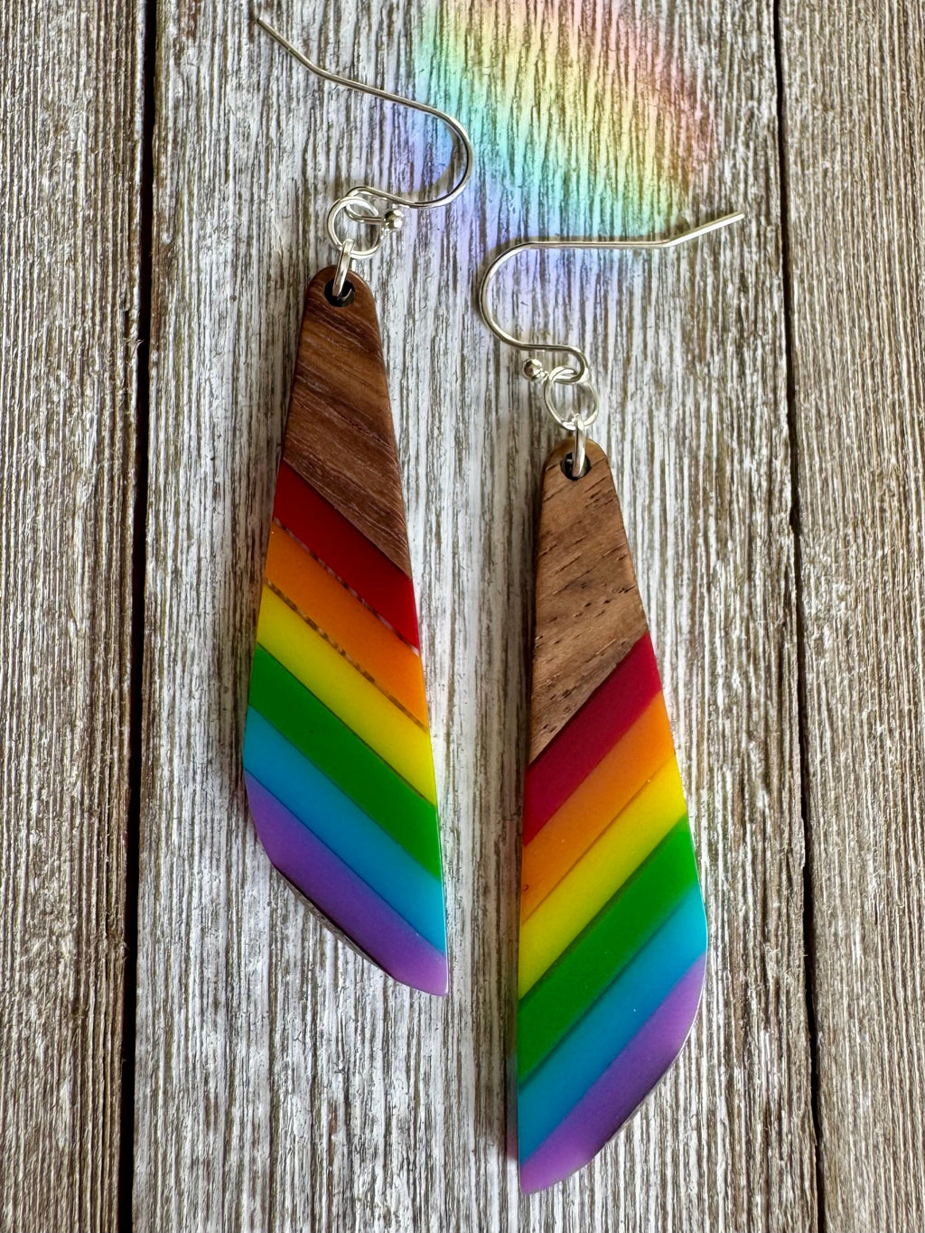 Bespattered Facade Rainbow Stripes Wood and Resin Dangly Earrings
