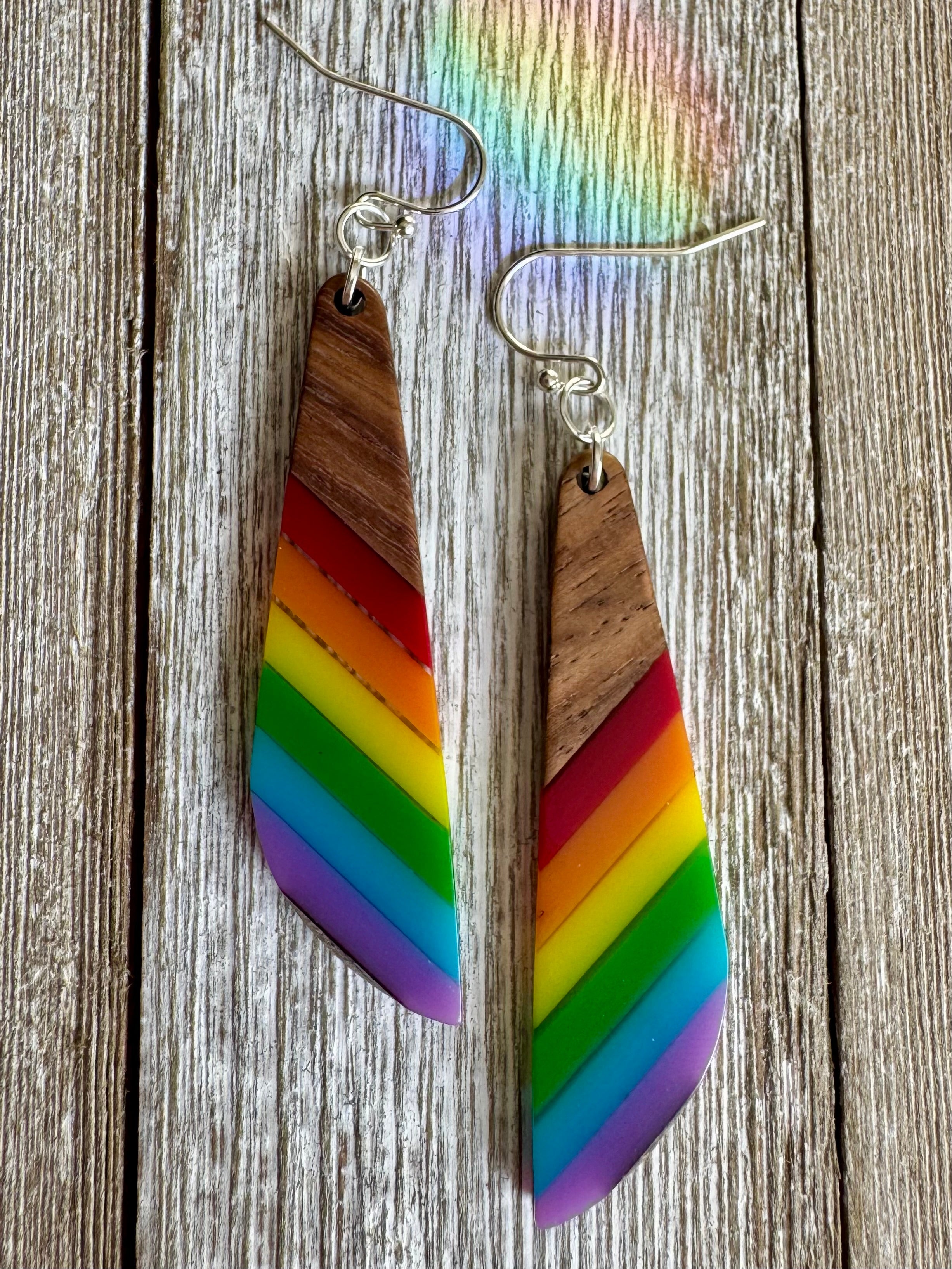 Bespattered Facade Rainbow Stripes Wood and Resin Dangly Earrings
