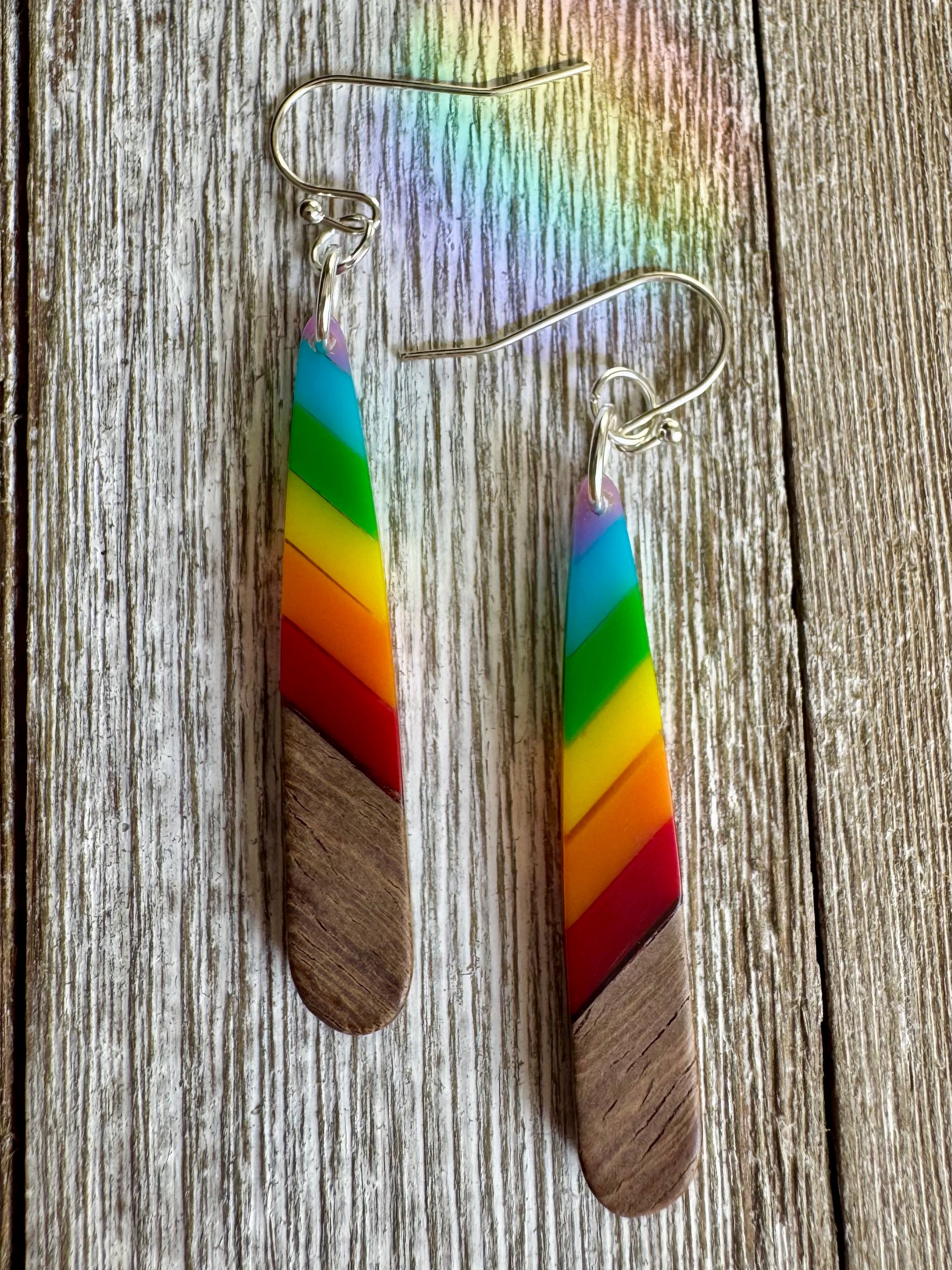 Bespattered Facade Rainbow Stripes Wood and Resin Dangly Earrings