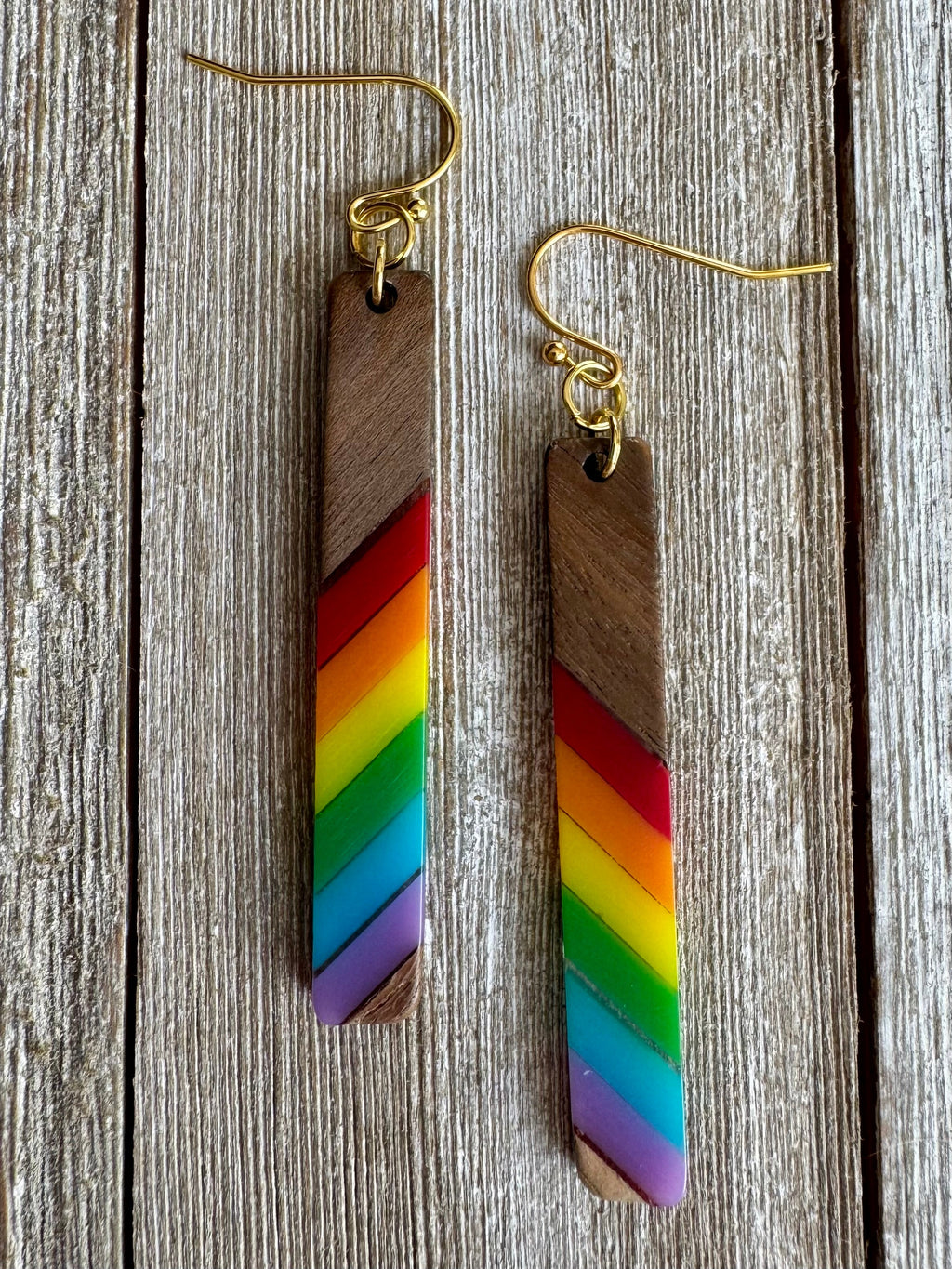 Bespattered Facade Rainbow Stripes Wood and Resin Dangly Earrings