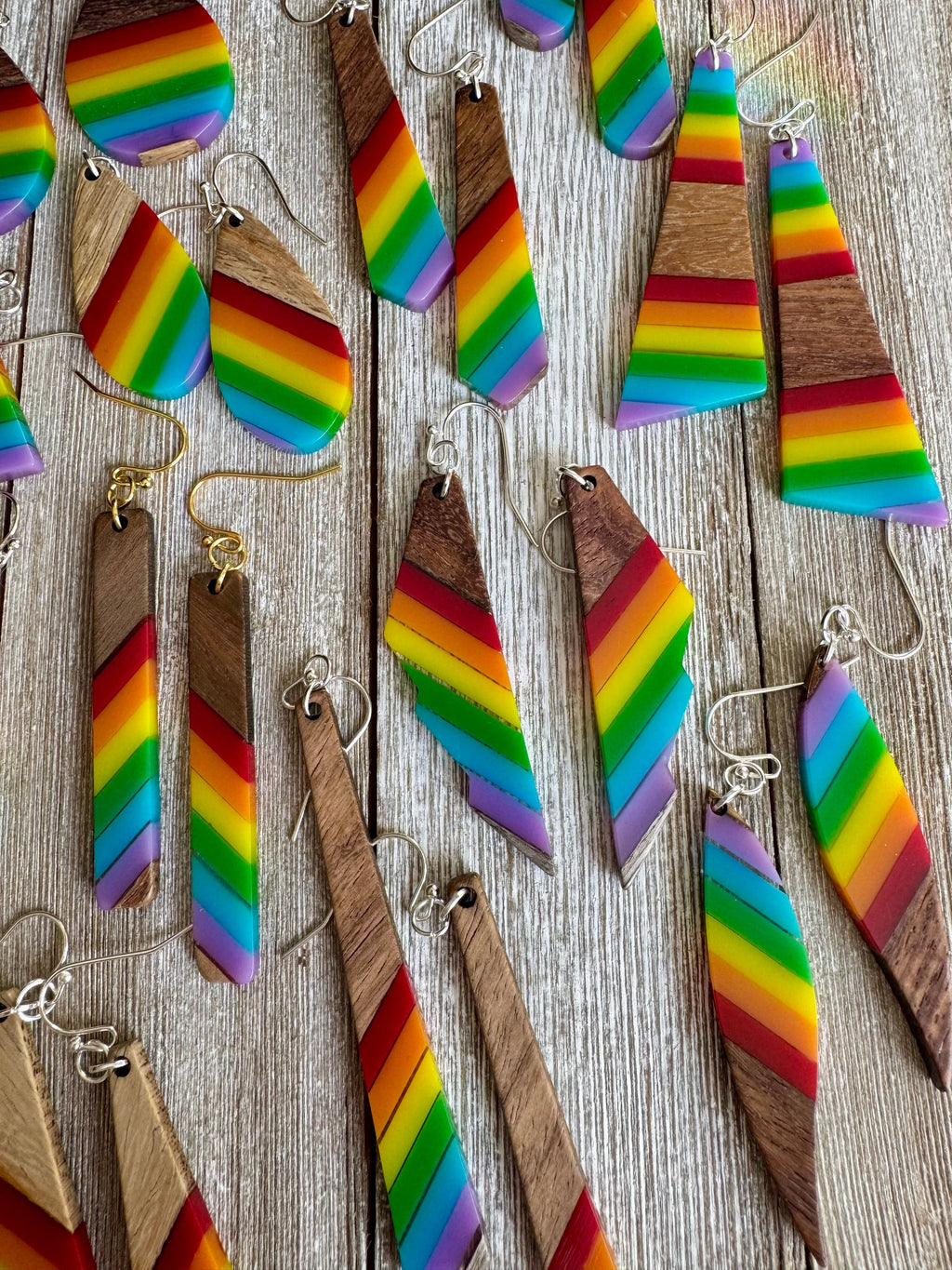 Bespattered Facade Rainbow Stripes Wood and Resin Dangly Earrings