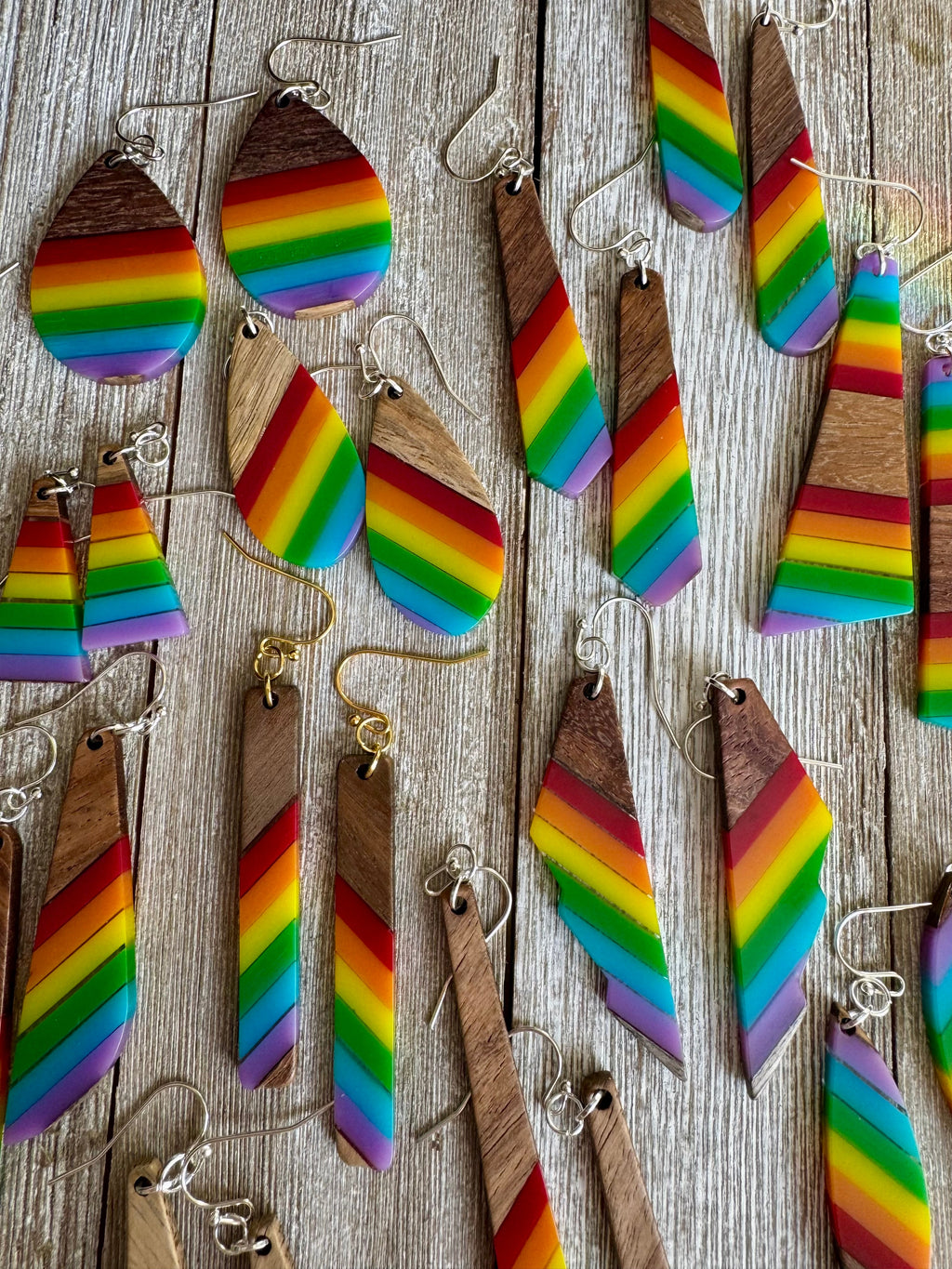 Bespattered Facade Rainbow Stripes Wood and Resin Dangly Earrings