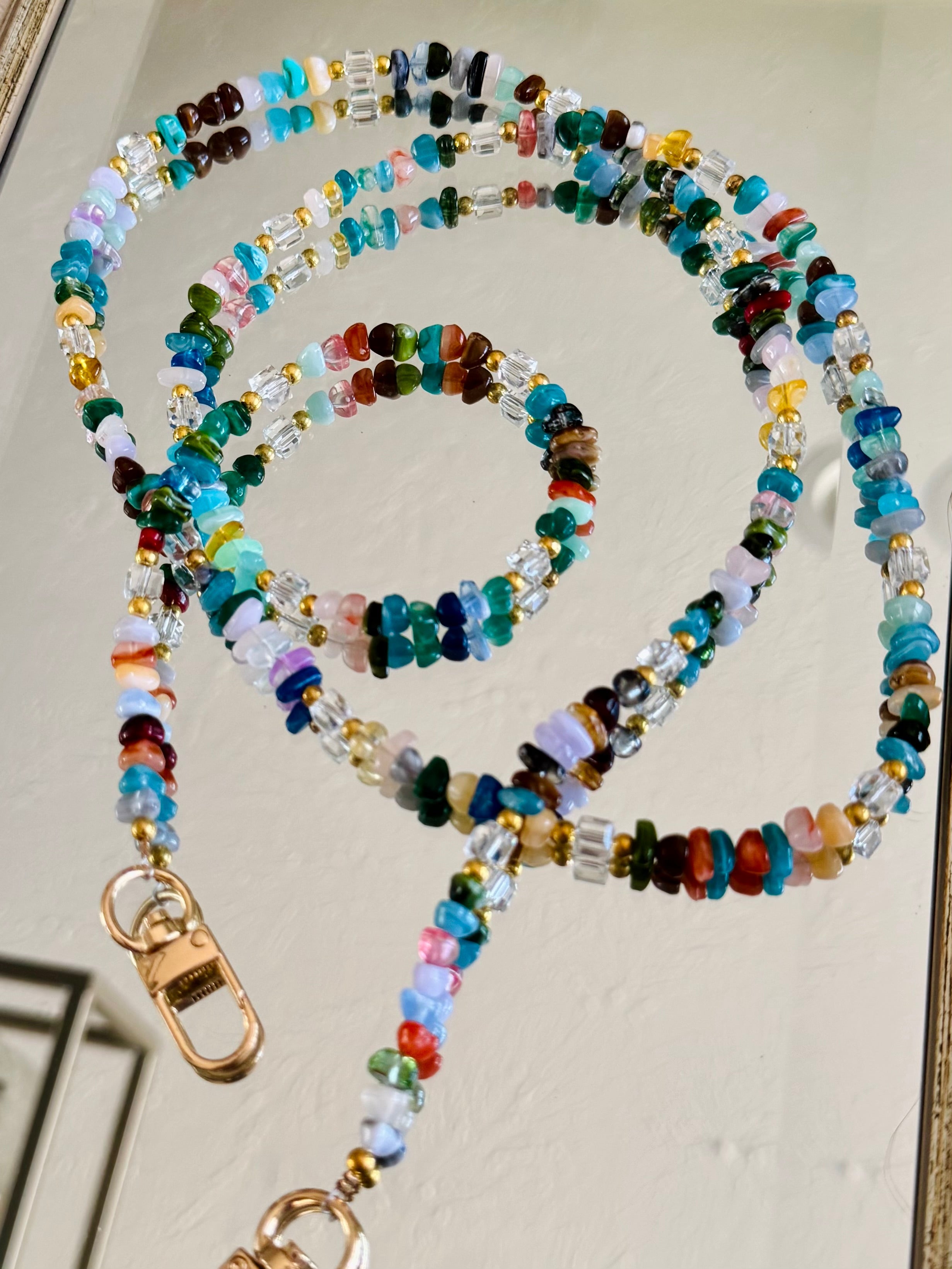 Rainbow Gemstone and Crystal Beaded ID Badge Lanyard / Crossbody Phone Strap / Bag Chain Purse Charm