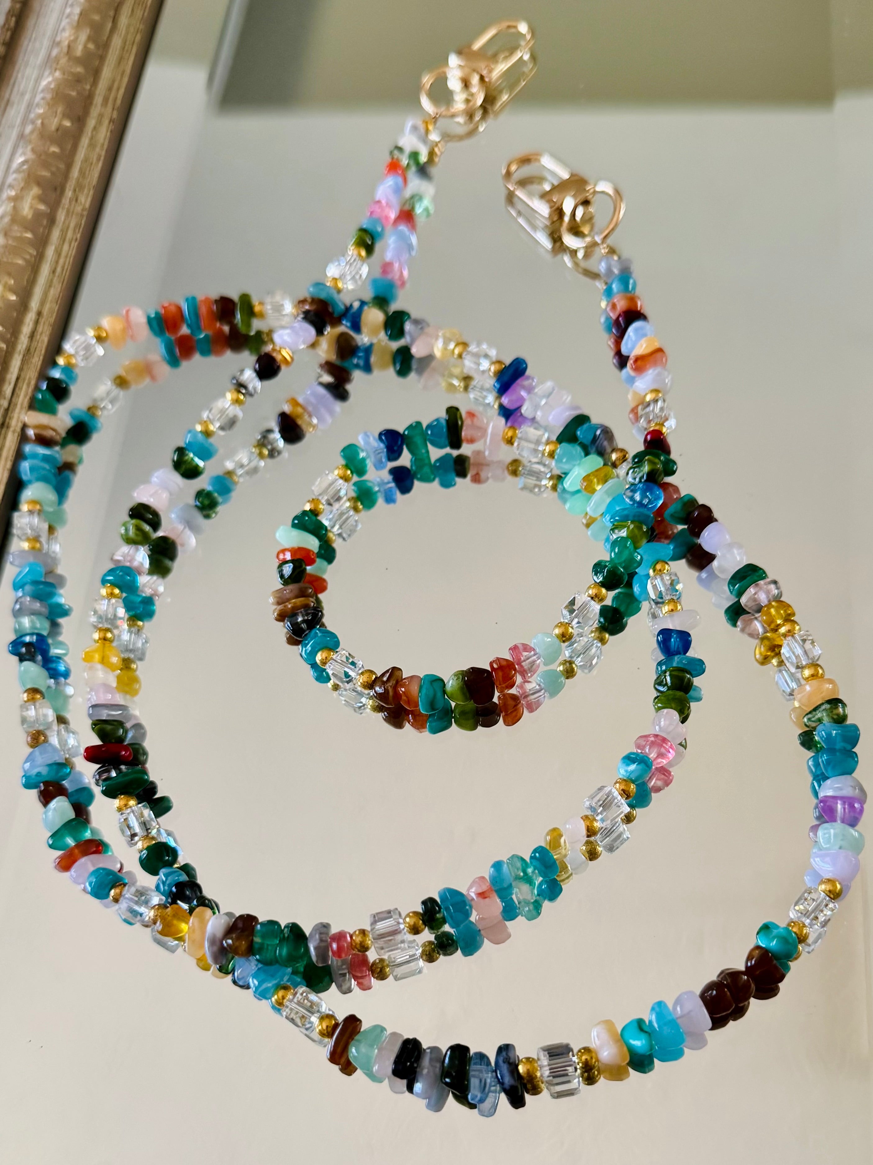 Rainbow Gemstone and Crystal Beaded ID Badge Lanyard / Crossbody Phone Strap / Bag Chain Purse Charm