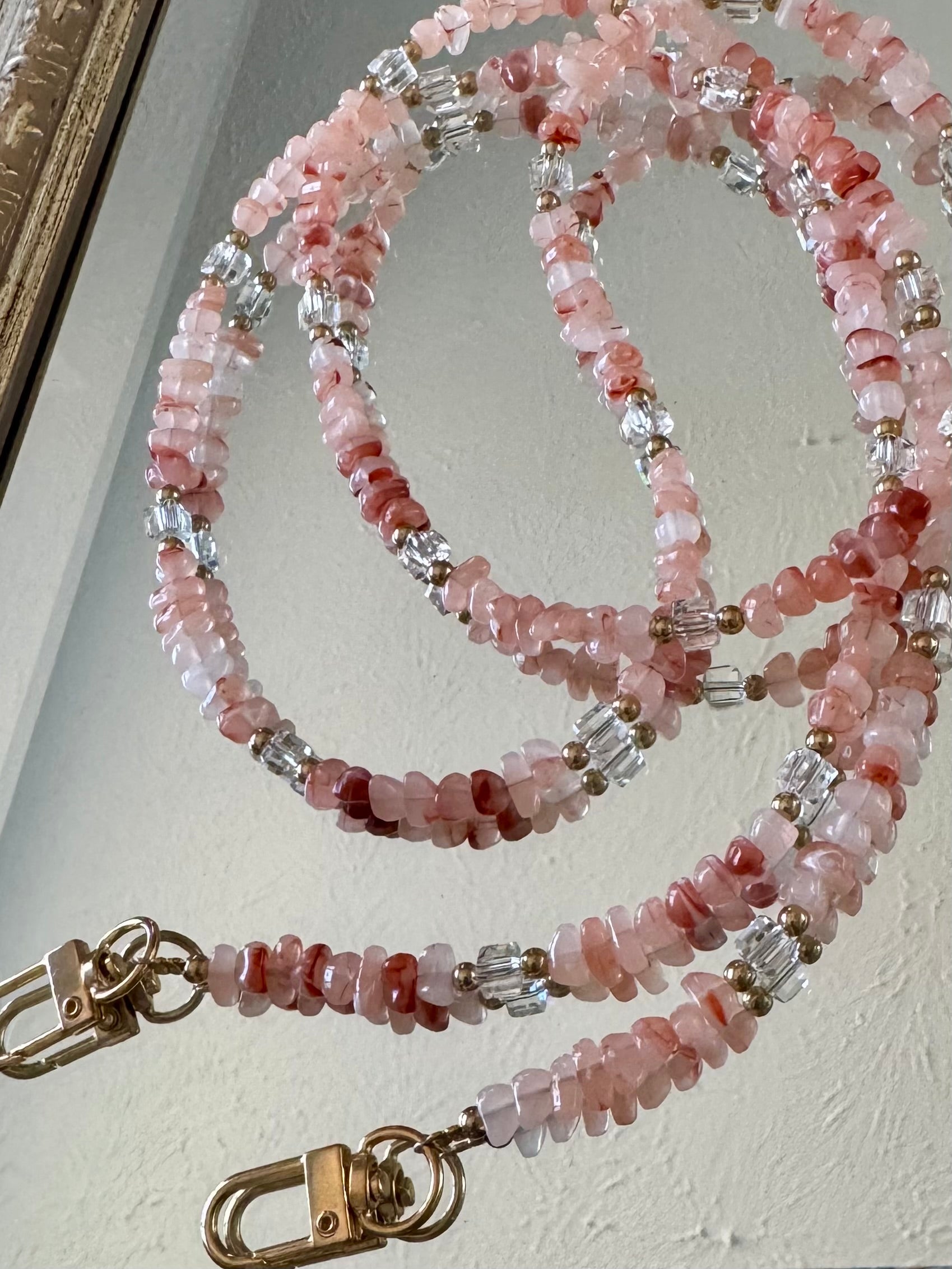 Pink Gemstone and Crystal Beaded ID Badge Lanyard / Crossbody Phone Strap / Bag Chain Purse Charm