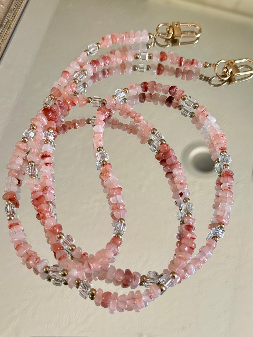 Pink Gemstone and Crystal Beaded ID Badge Lanyard / Crossbody Phone Strap / Bag Chain Purse Charm
