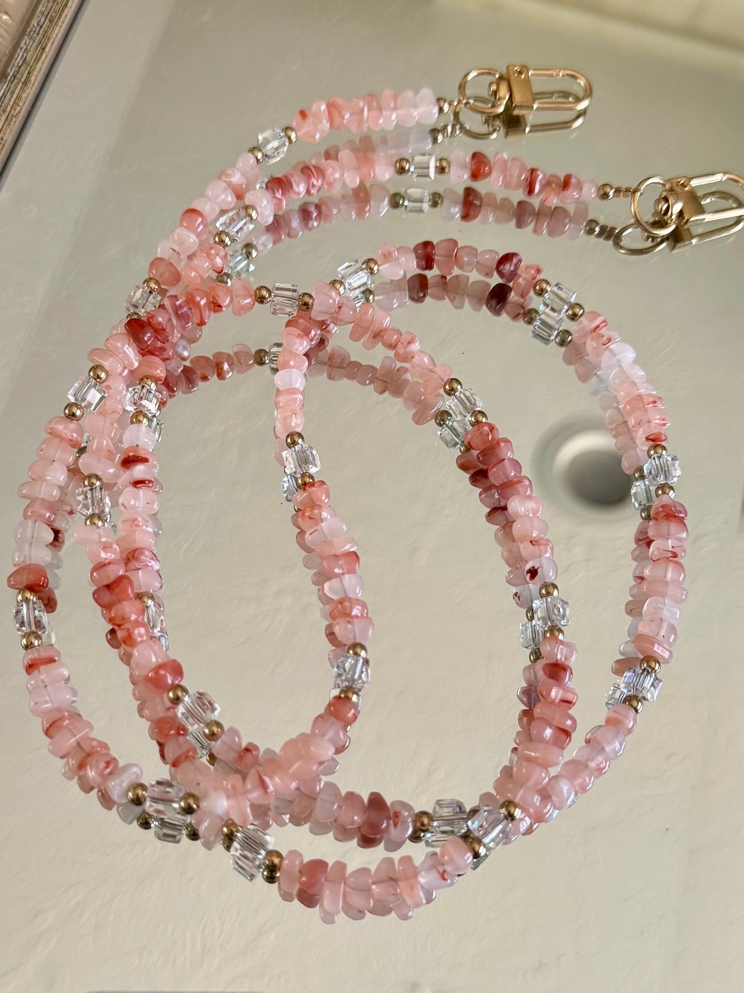 Pink Gemstone and Crystal Beaded ID Badge Lanyard / Crossbody Phone Strap / Bag Chain Purse Charm