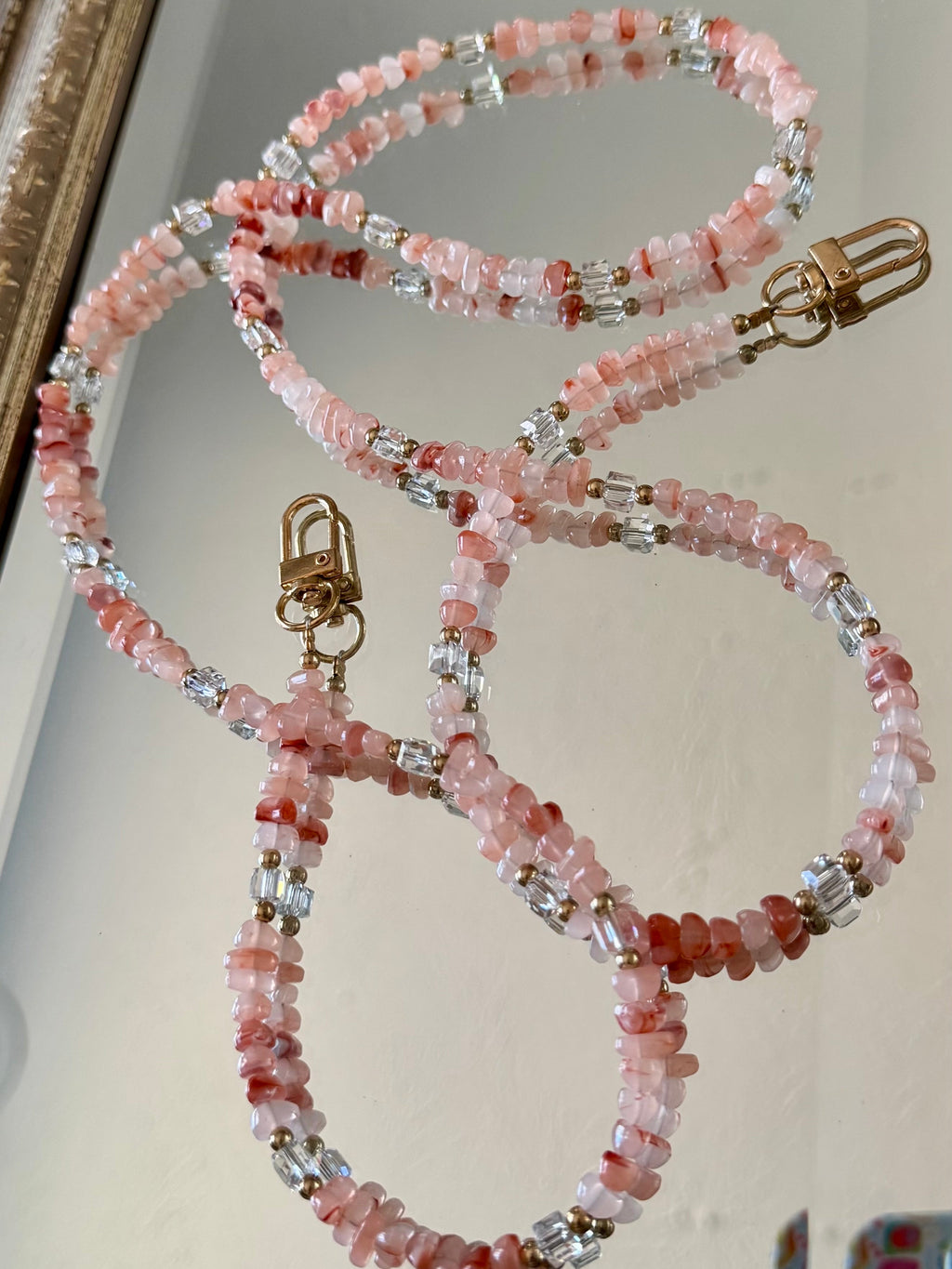 Pink Gemstone and Crystal Beaded ID Badge Lanyard / Crossbody Phone Strap / Bag Chain Purse Charm