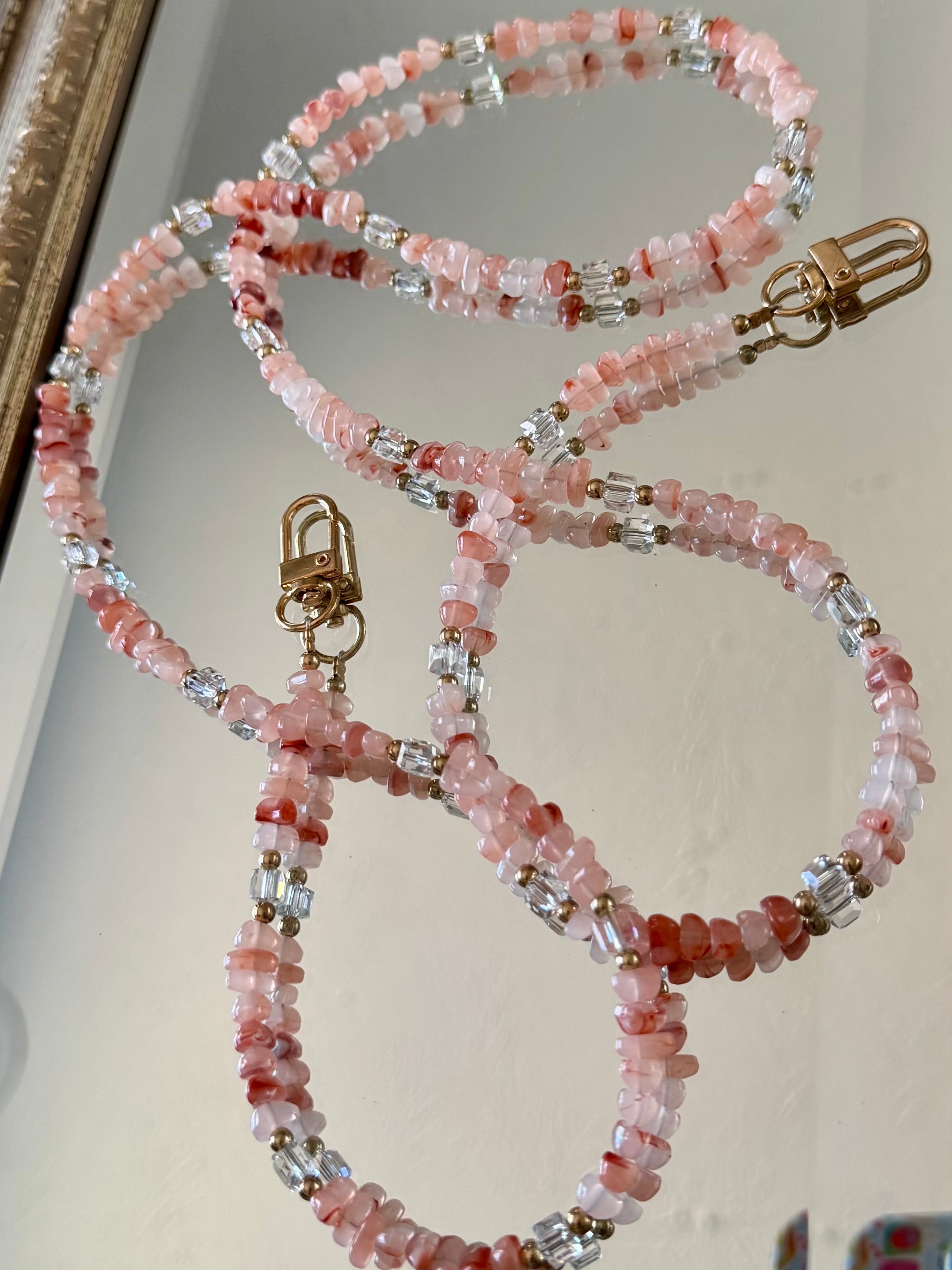 Pink Gemstone and Crystal Beaded ID Badge Lanyard / Crossbody Phone Strap / Bag Chain Purse Charm