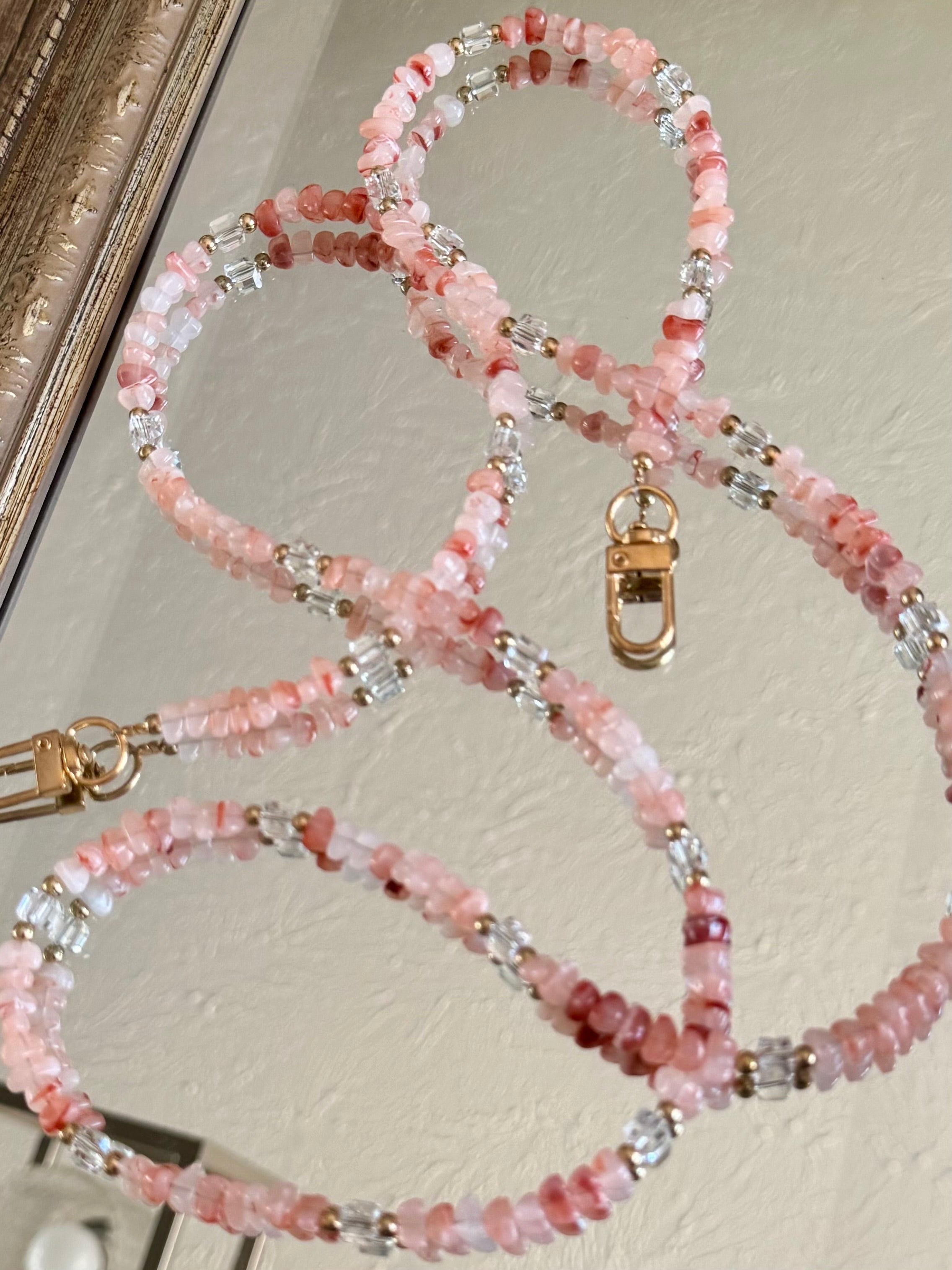 Pink Gemstone and Crystal Beaded ID Badge Lanyard / Crossbody Phone Strap / Bag Chain Purse Charm