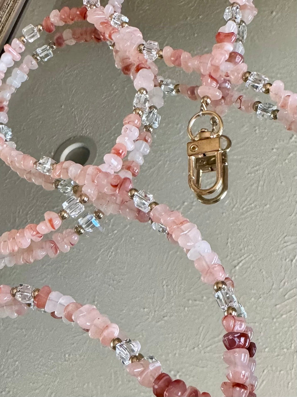 Pink Gemstone and Crystal Beaded ID Badge Lanyard / Crossbody Phone Strap / Bag Chain Purse Charm