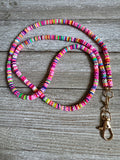 Bright Neon Rainbow Soft Polymer Clay Beaded ID Badge Lanyard / Crossbody Phone Strap / Keychain