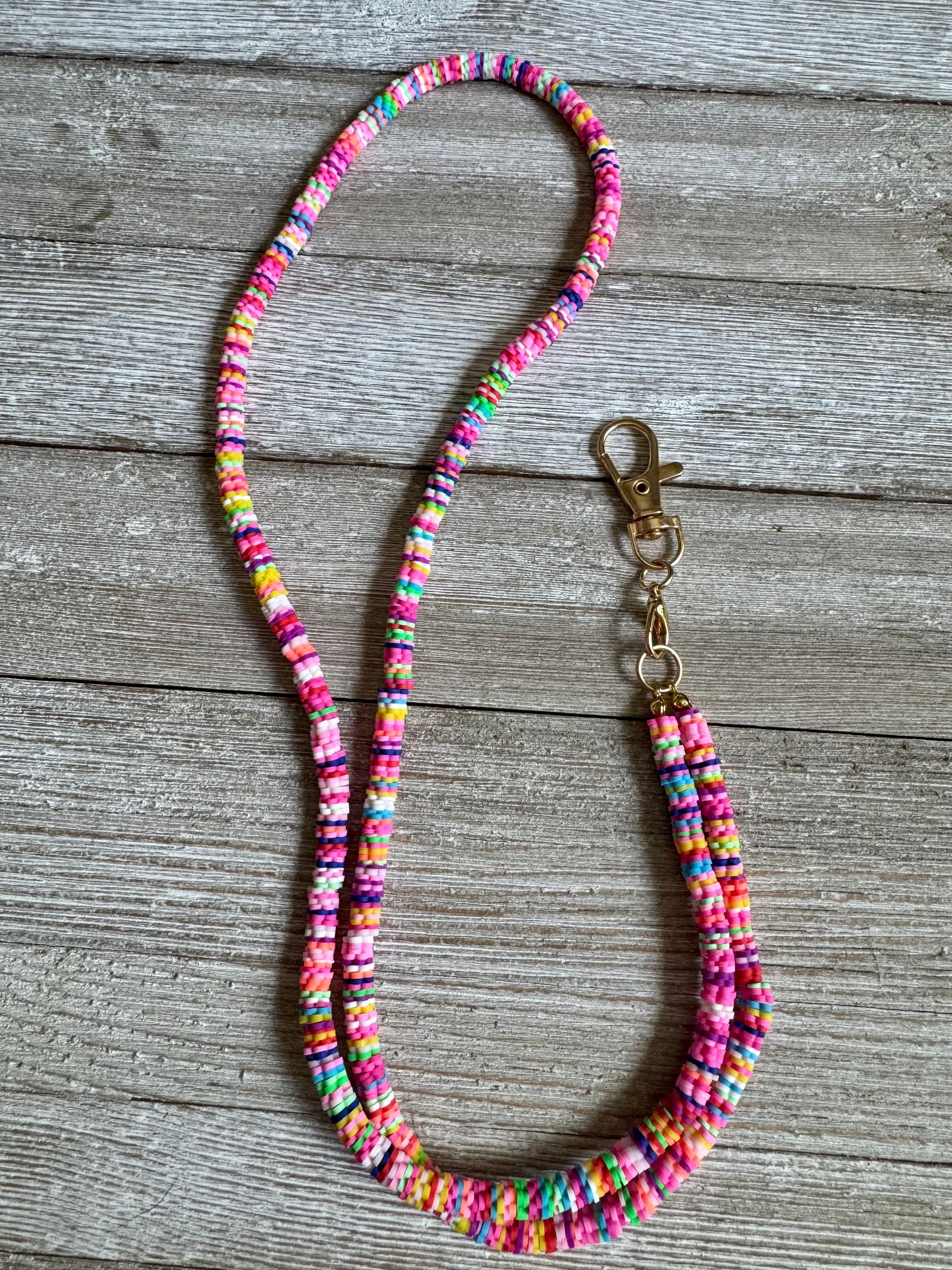 Bright Neon Rainbow Soft Polymer Clay Beaded ID Badge Lanyard / Crossbody Phone Strap / Keychain