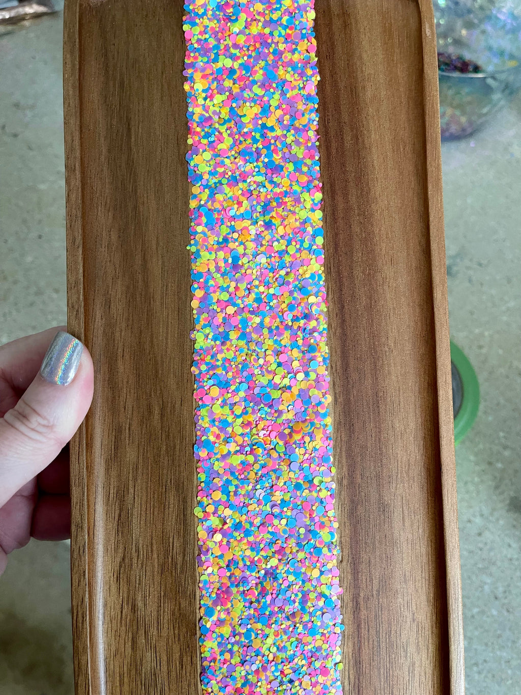 Neon Dots Small Rectangular Acacia Wood Tray