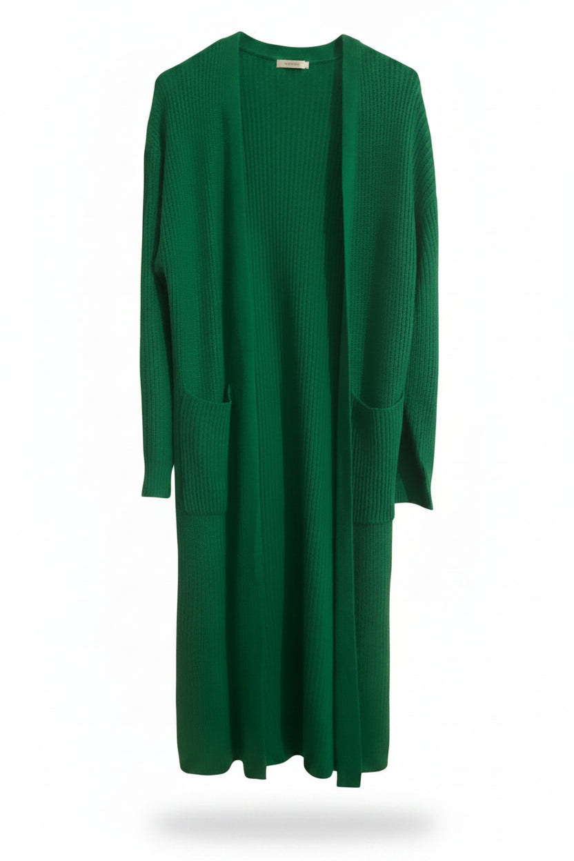 Emerald Green Long Ribbed Cardigan – Open Front Maxi Sweater