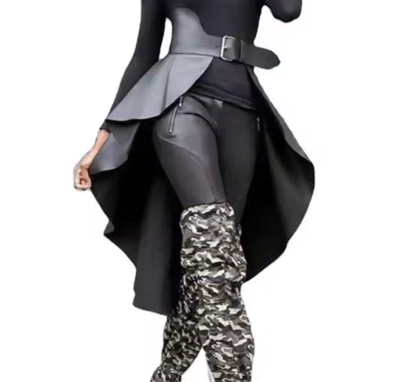 Black Open-Front Hi-Low Skirt with Corset Belt (New)