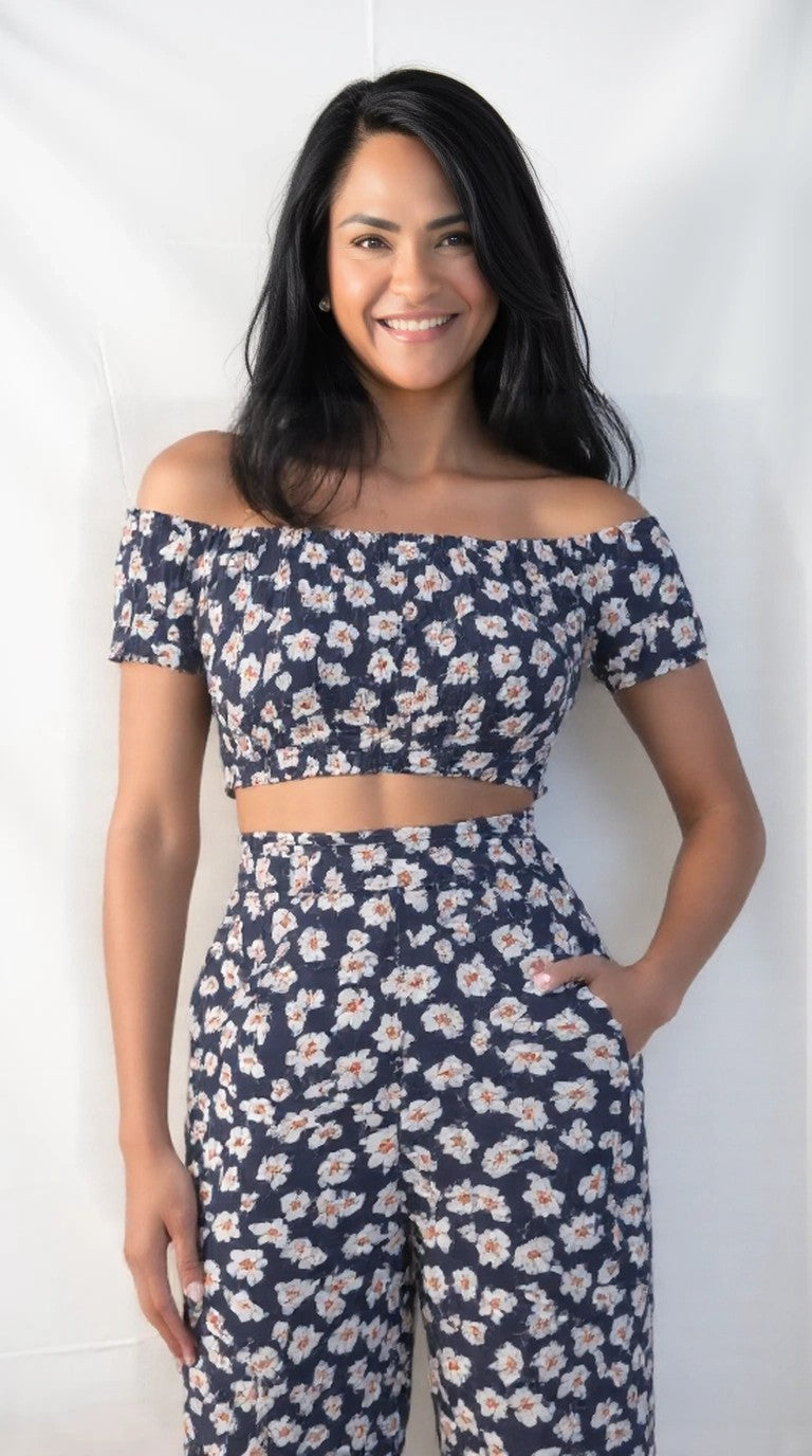 Lulus Flirty Flowers Navy Floral Print Smocked Two-Piece Jumpsuit, Size Large