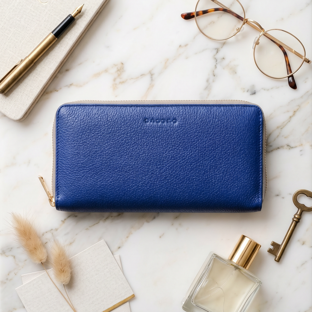 Large Zipper Wallet with Detachable Key Ring - Cobalt Blue