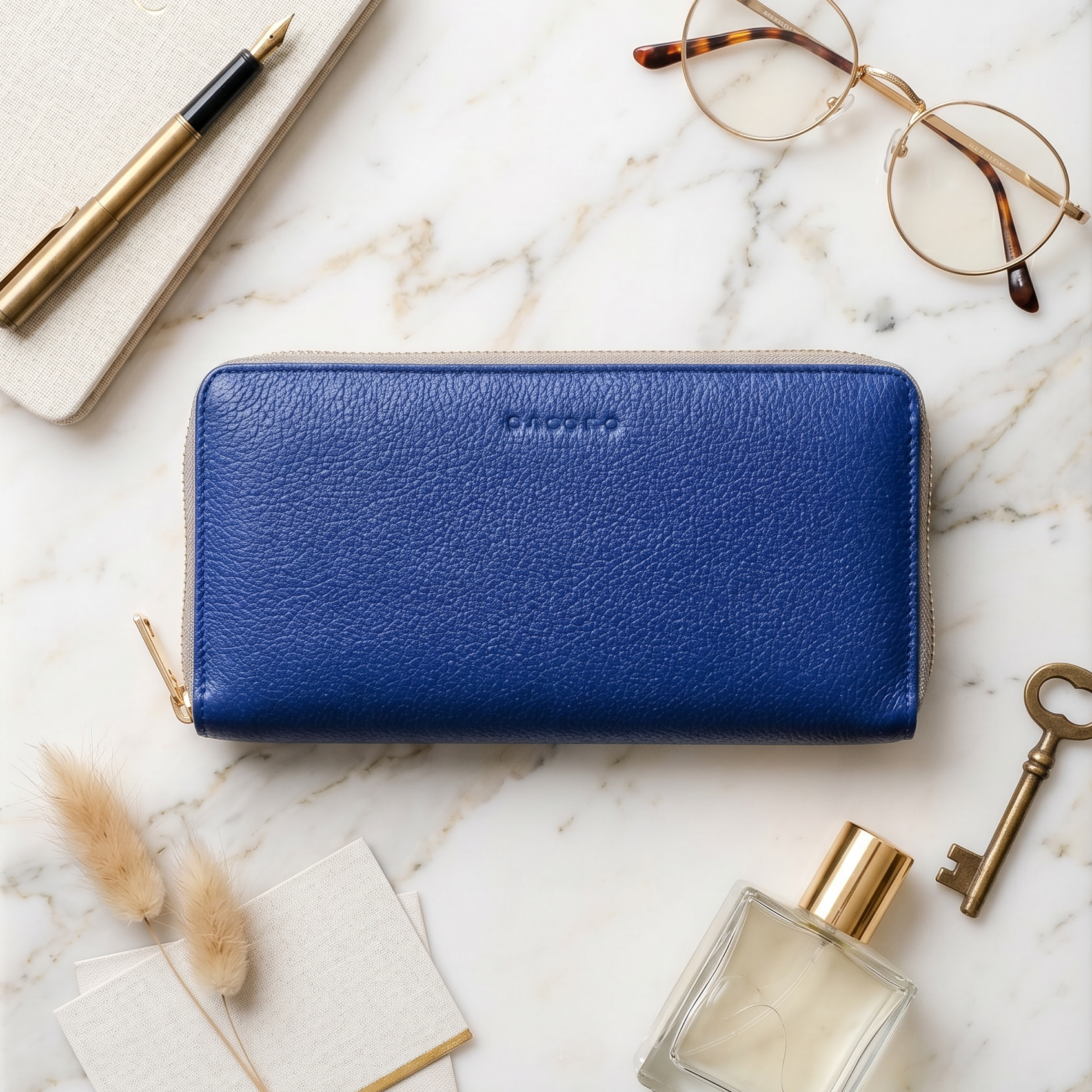 Large Zipper Wallet with Detachable Key Ring - Cobalt Blue