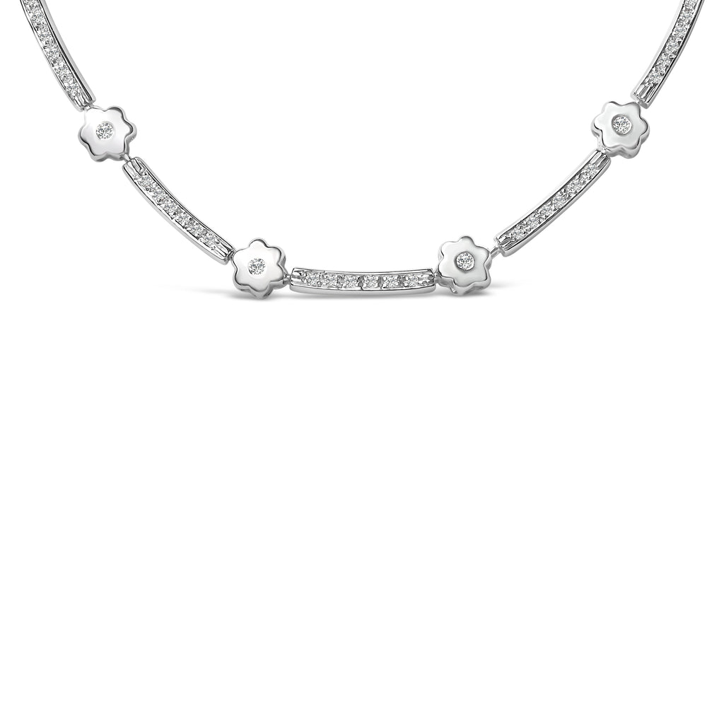 14K White Gold 1.0 Cttw Diamond Flower and Bar Station Necklace