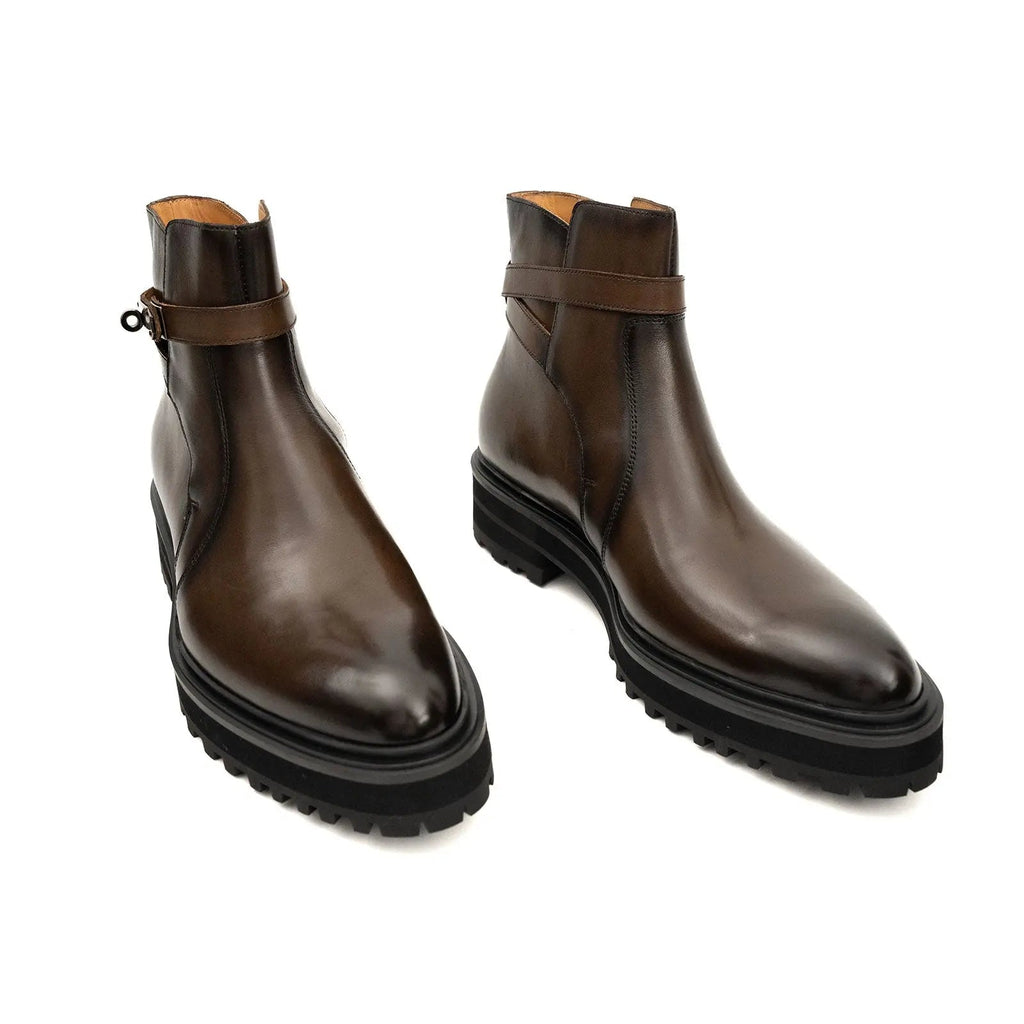 Men's Coffee Calfskin Buckle Chelsea Boots