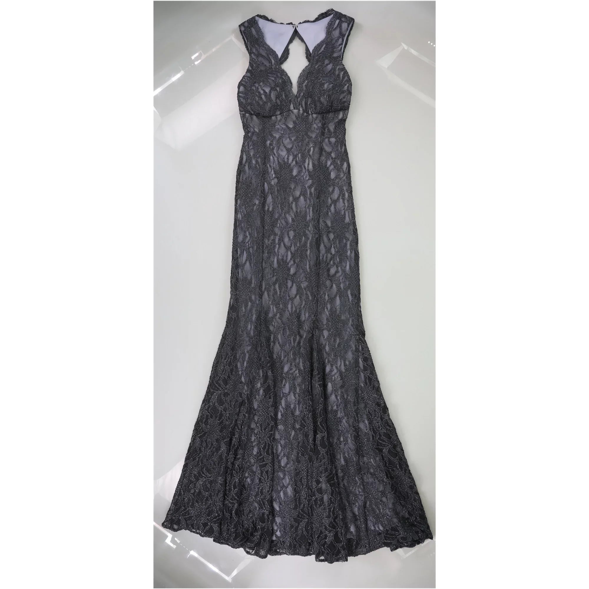 Morgan and Co Womens Scalloped Lace Gown Dress, Blue, 1/2
