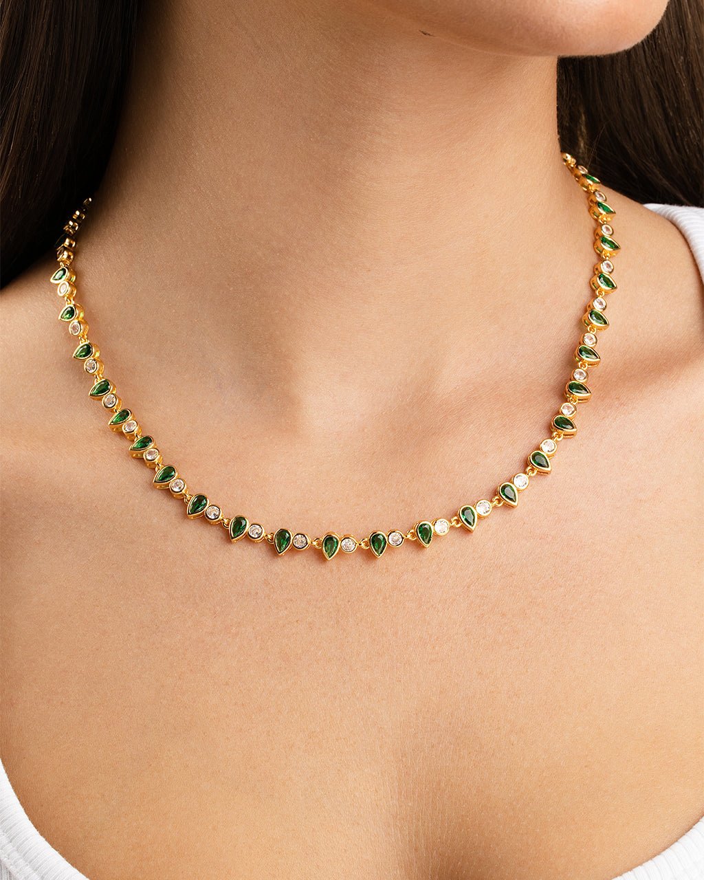 Emerald Pear & Round Cut Bezel CZ Tennis Necklace