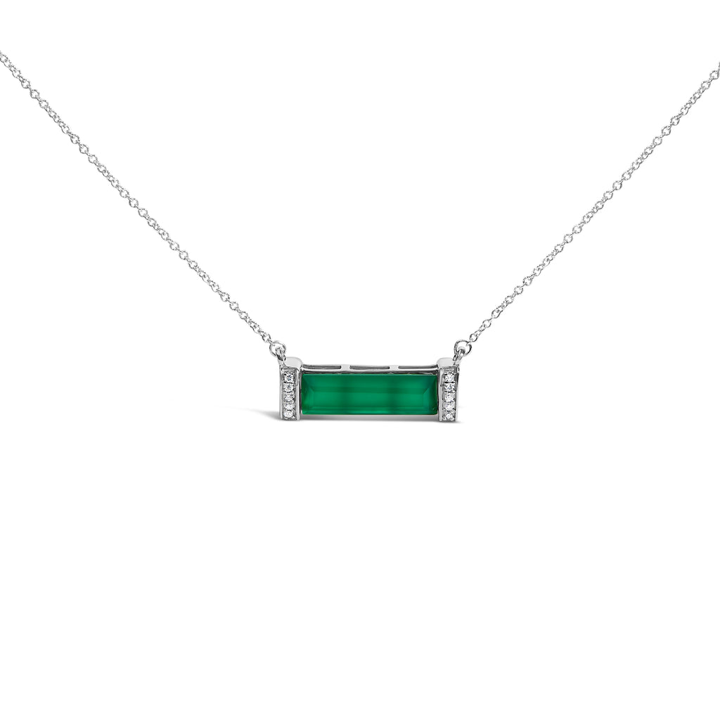 Sterling Silver Diamond Accent and Green Agate Bar Pendant Necklace
